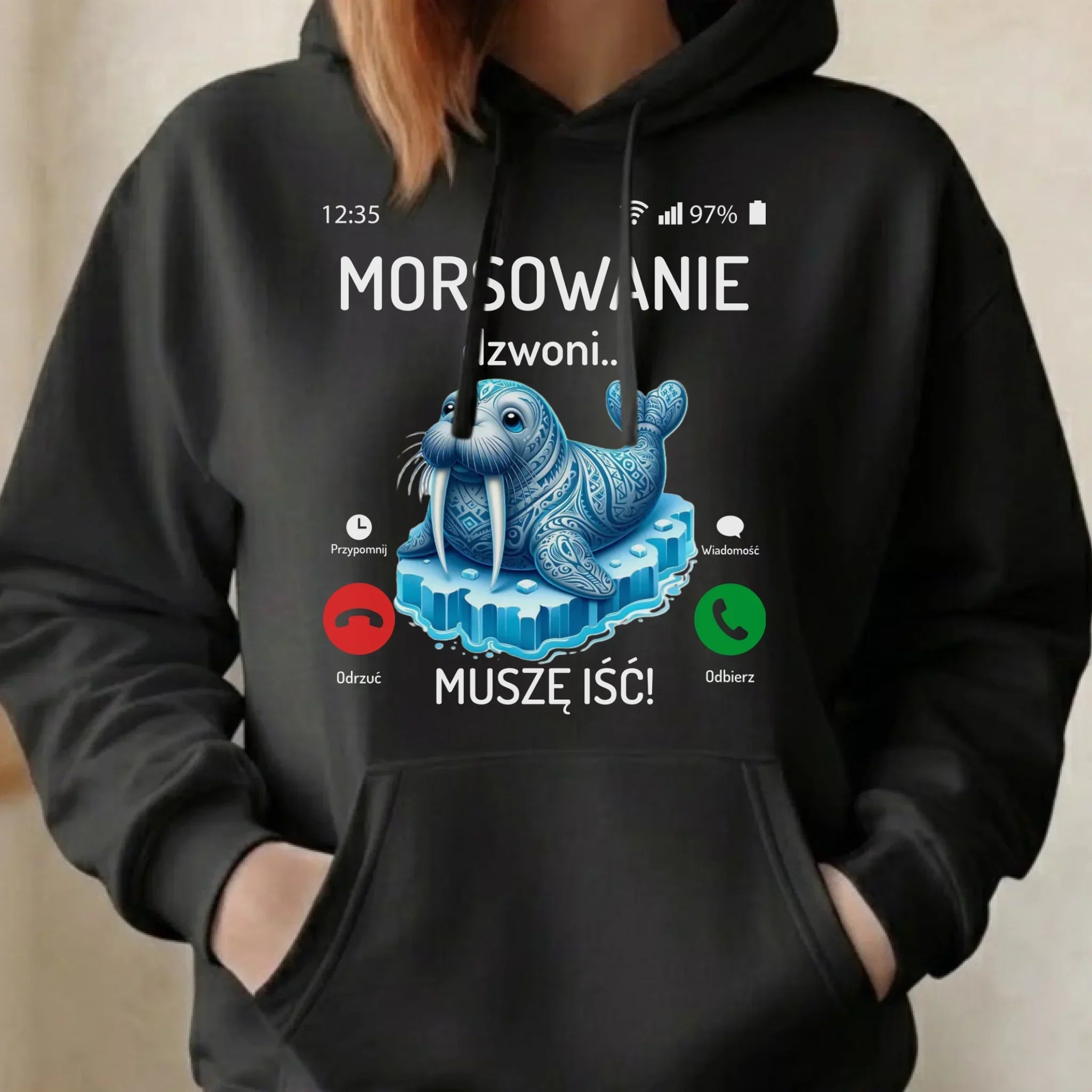 Bluza damska z kapturem - prezent dla morsa - Morsowanie dzwoni muszę iść - Mors HM04 - StoryCups.pl
