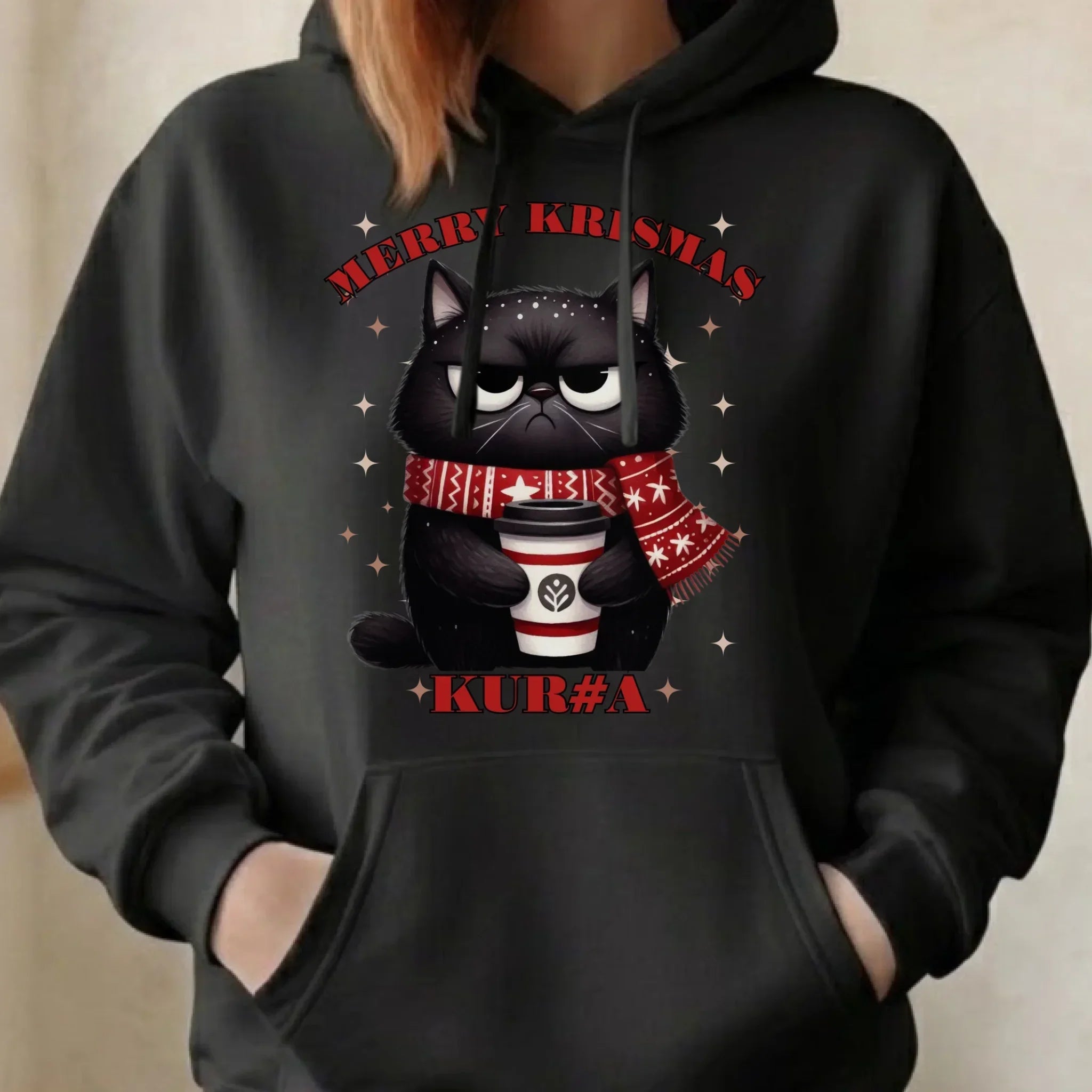 Bluza damska z kapturem świąteczna - Zburczany kot Merry Krismas kur#a - bez cenzury BN34 - StoryCups.pl