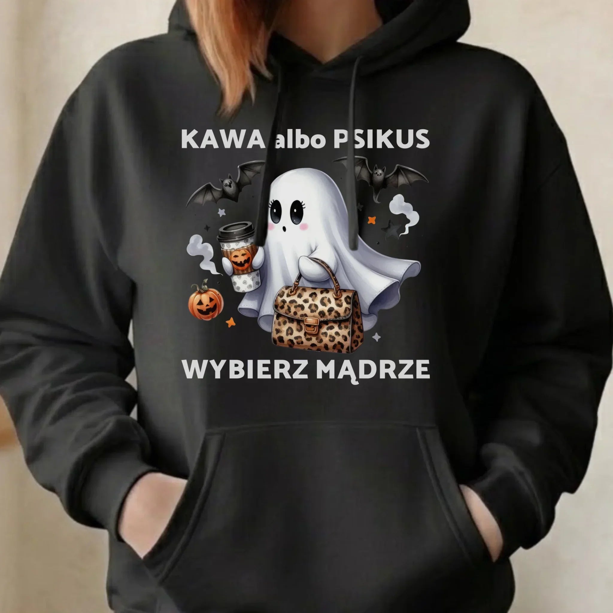 Bluza damska z kapturem halloweenowa - Duch - Kawa albo psikus HL07 - StoryCups.pl