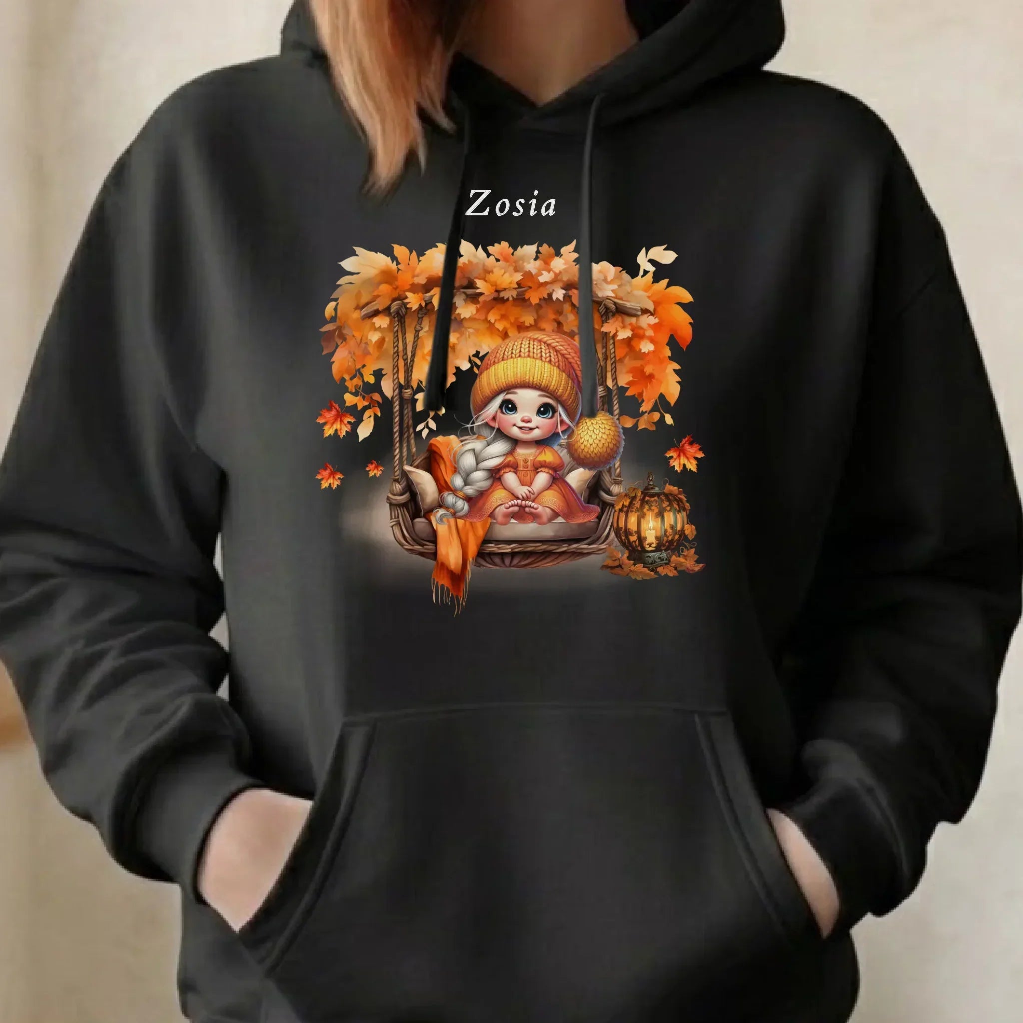 Bluza damska z kapturem jesieniara - Dziewczynka z liśćmi - personalizowana JS17 - StoryCups.pl