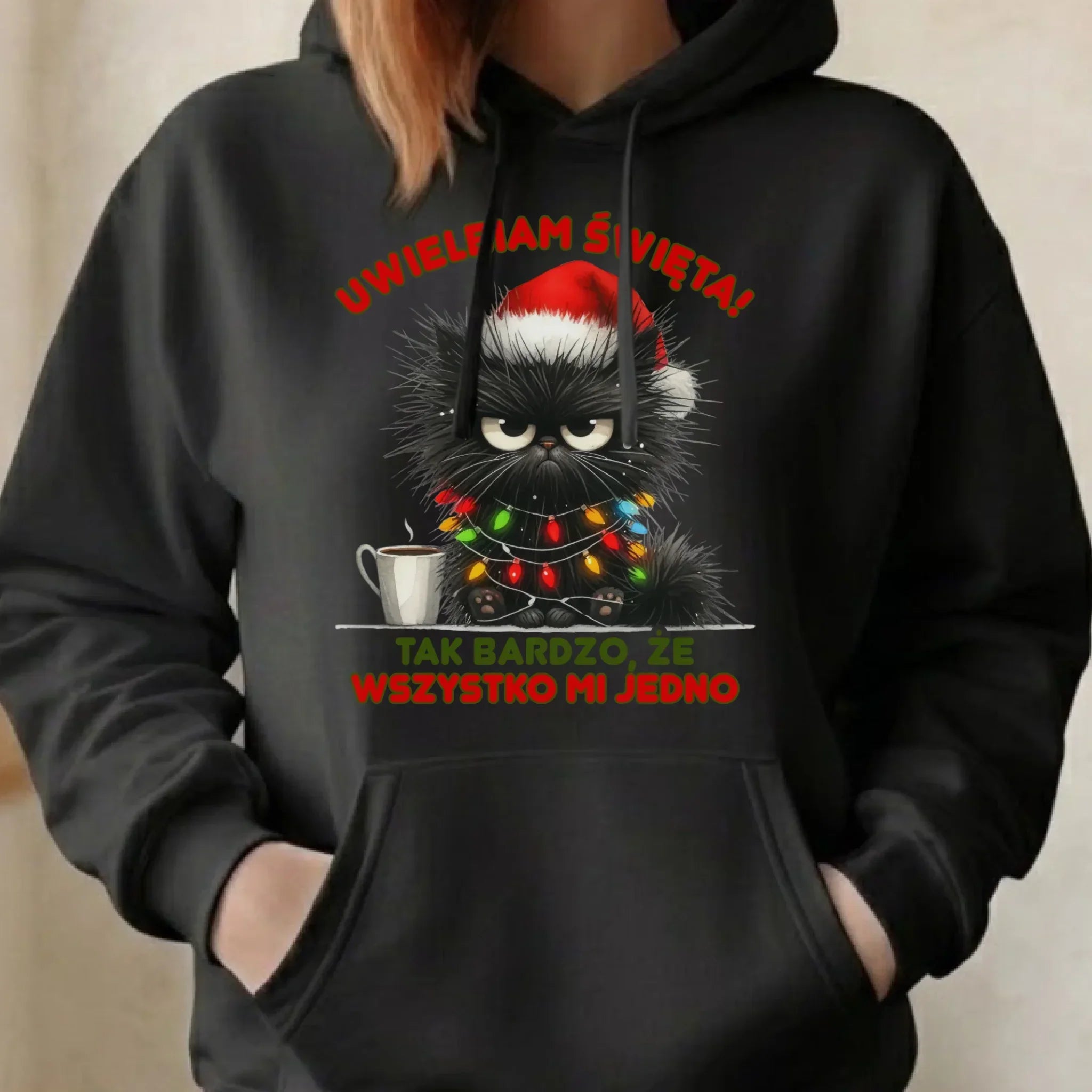 Bluza damska z kapturem świąteczna - Kot Maruda Wszystko mi jedno BN35 - StoryCups.pl