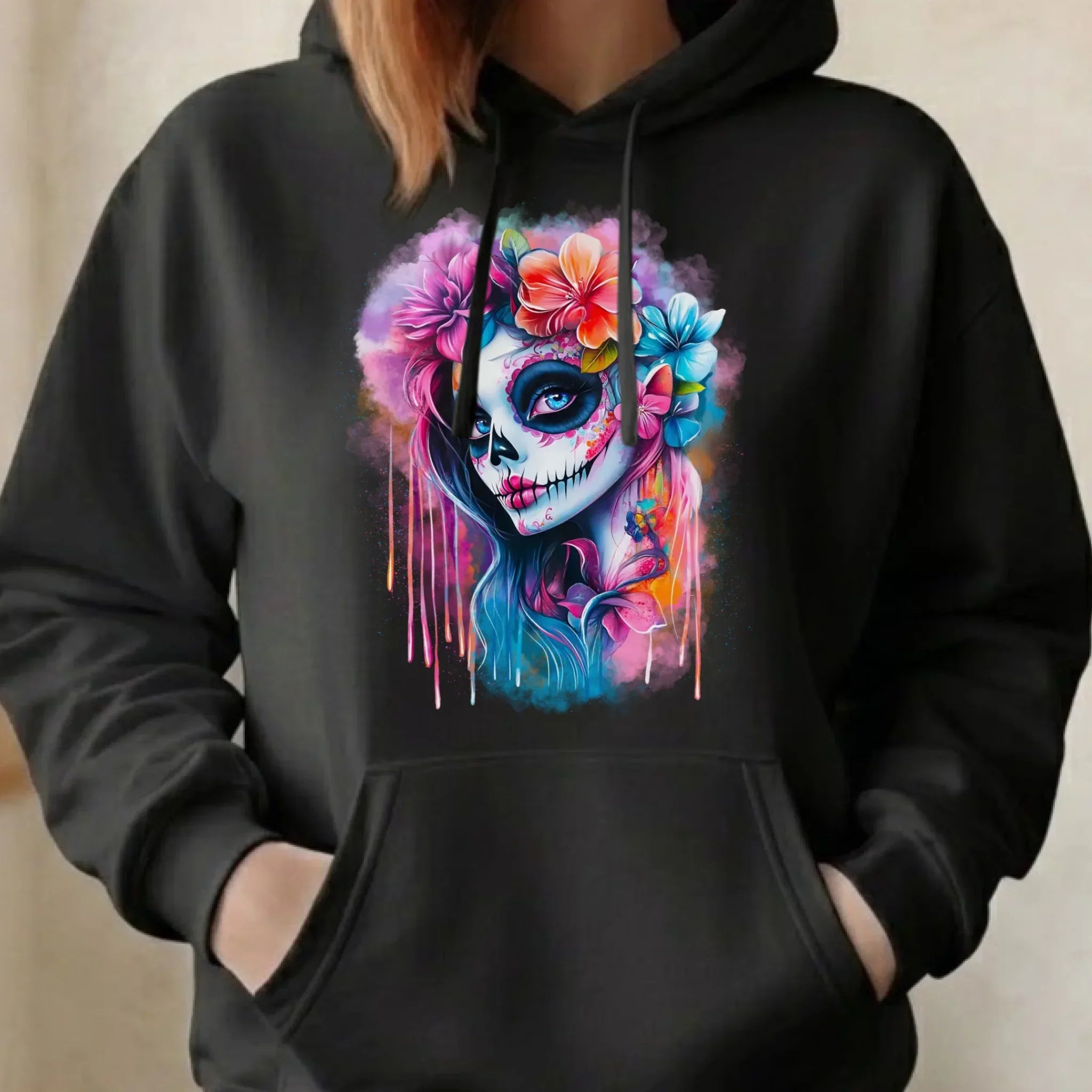 Bluza damska z kapturem Halloween - kolorowa czaszka z kwiatami La Muerte HL05 - StoryCups.pl
