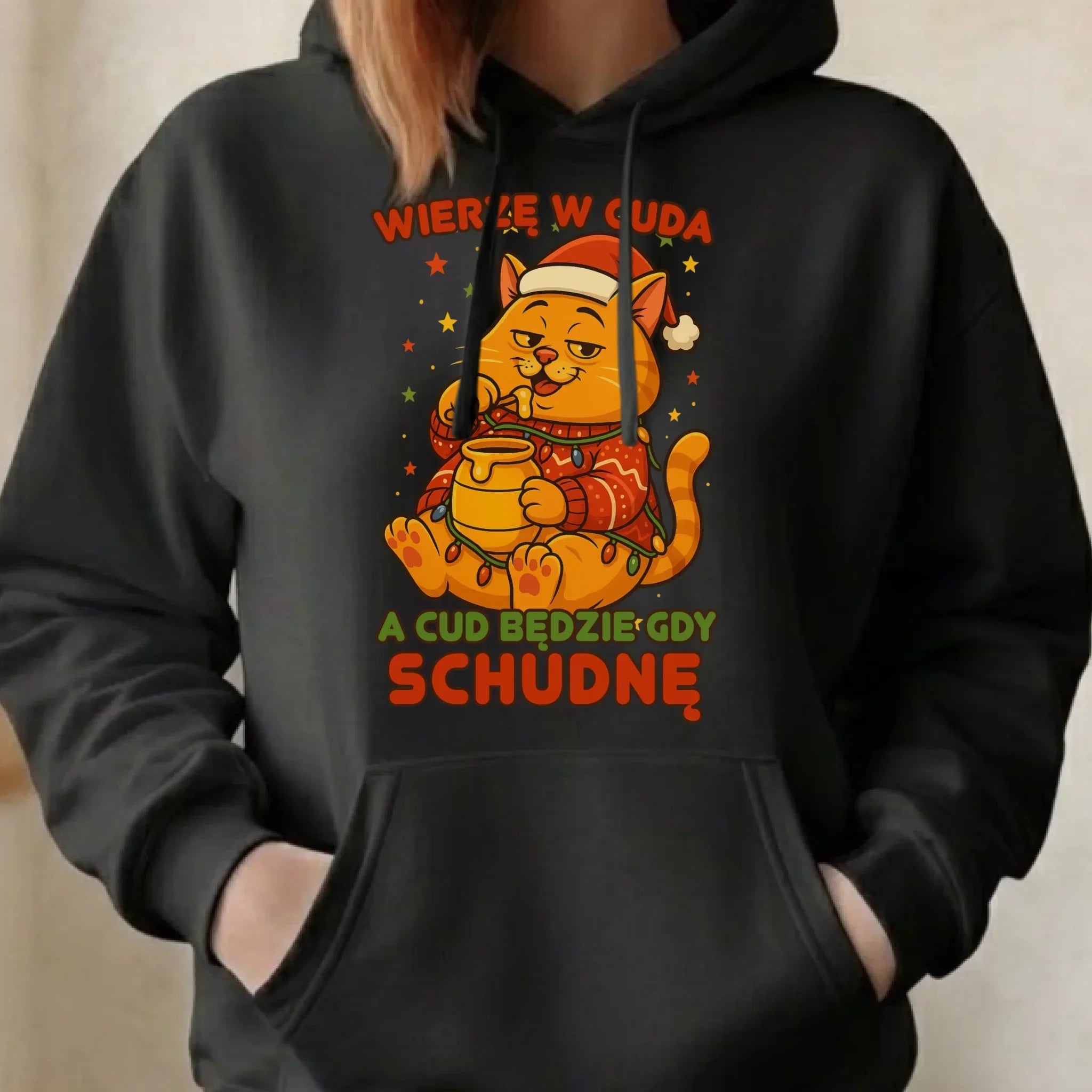 Bluza damska z kapturem świąteczna - Wierzę w cuda, a cud będzie gdy schudnę BN88 - StoryCups.pl