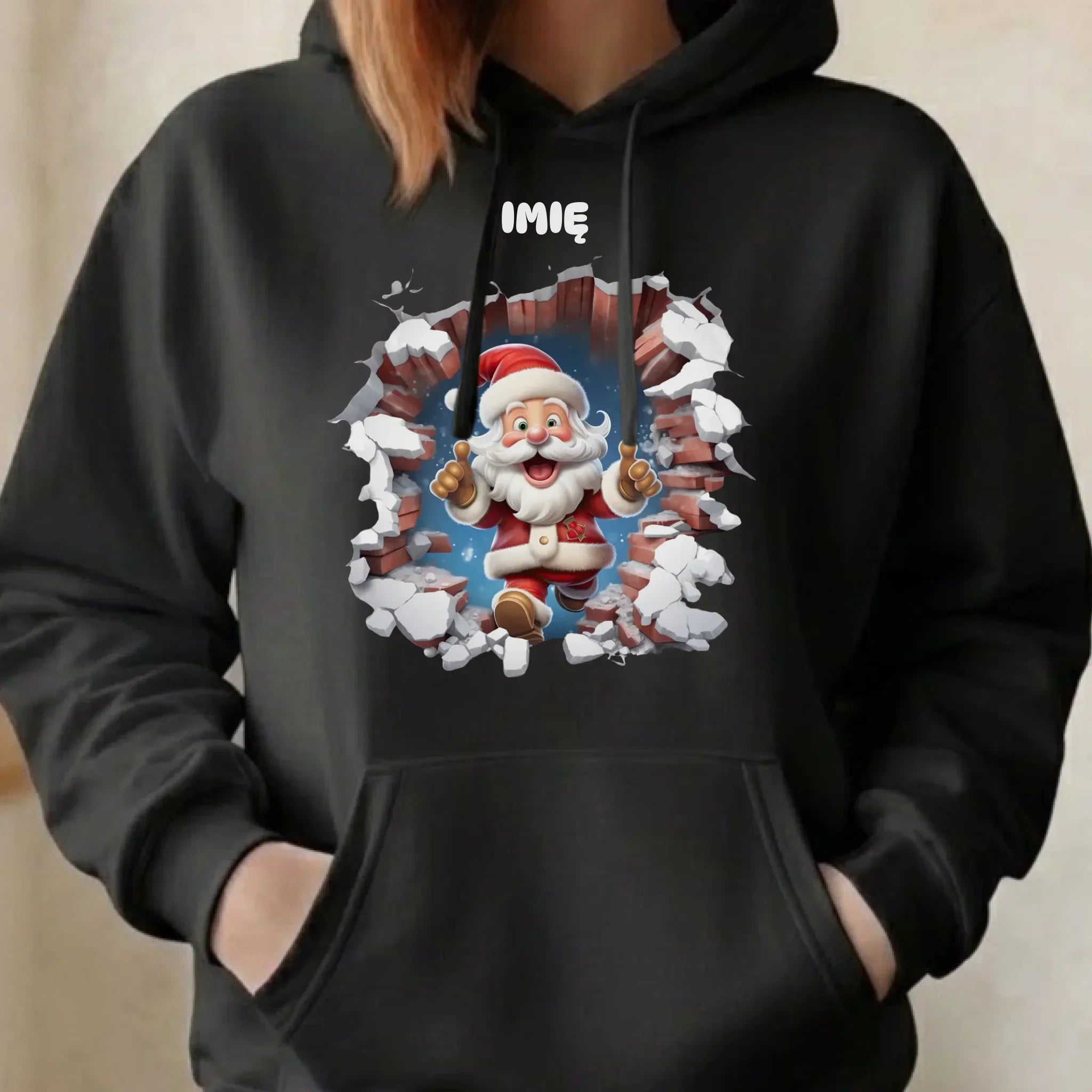Bluza damska z kapturem świąteczna - Mikołaj 3D - personalizowana BN83 - StoryCups.pl