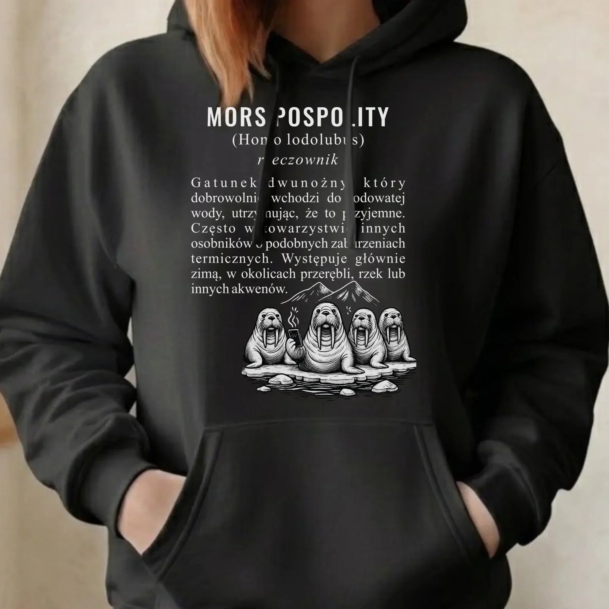 Bluza damska z kapturem - prezent dla morsa - Mors pospolity [Homo lodolubus] HM12 - StoryCups.pl