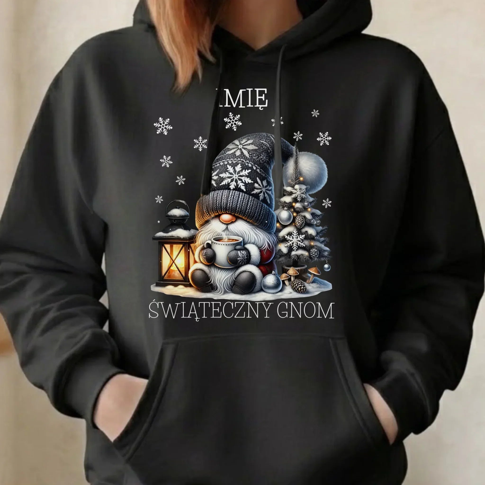 Bluza damska z kapturem świąteczna - Gnom z czekoladą - personalizowana BN41 - StoryCups.pl
