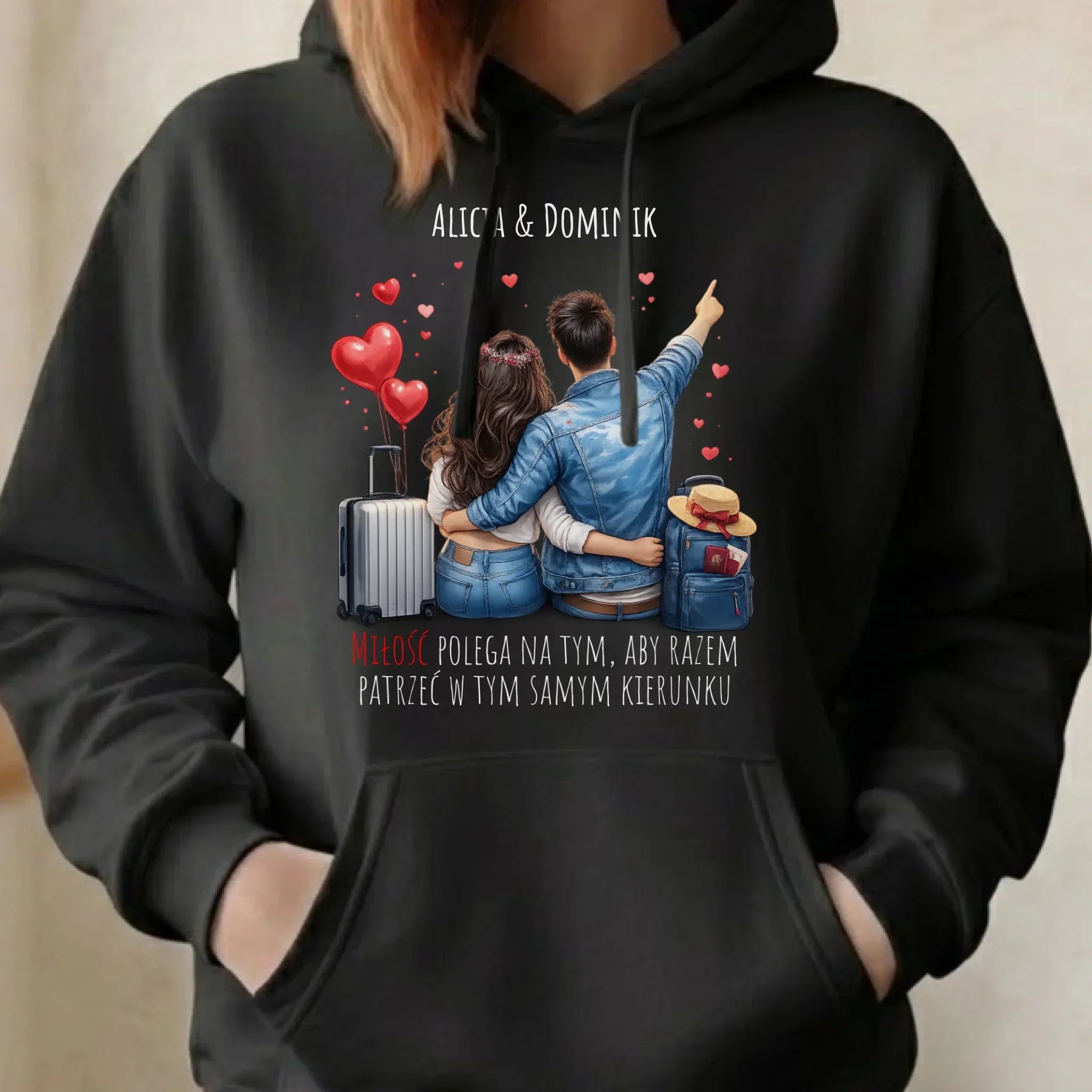Bluza damska z kapturem dla par - Para w podróży miłość - personalizowana W12 - StoryCups.pl
