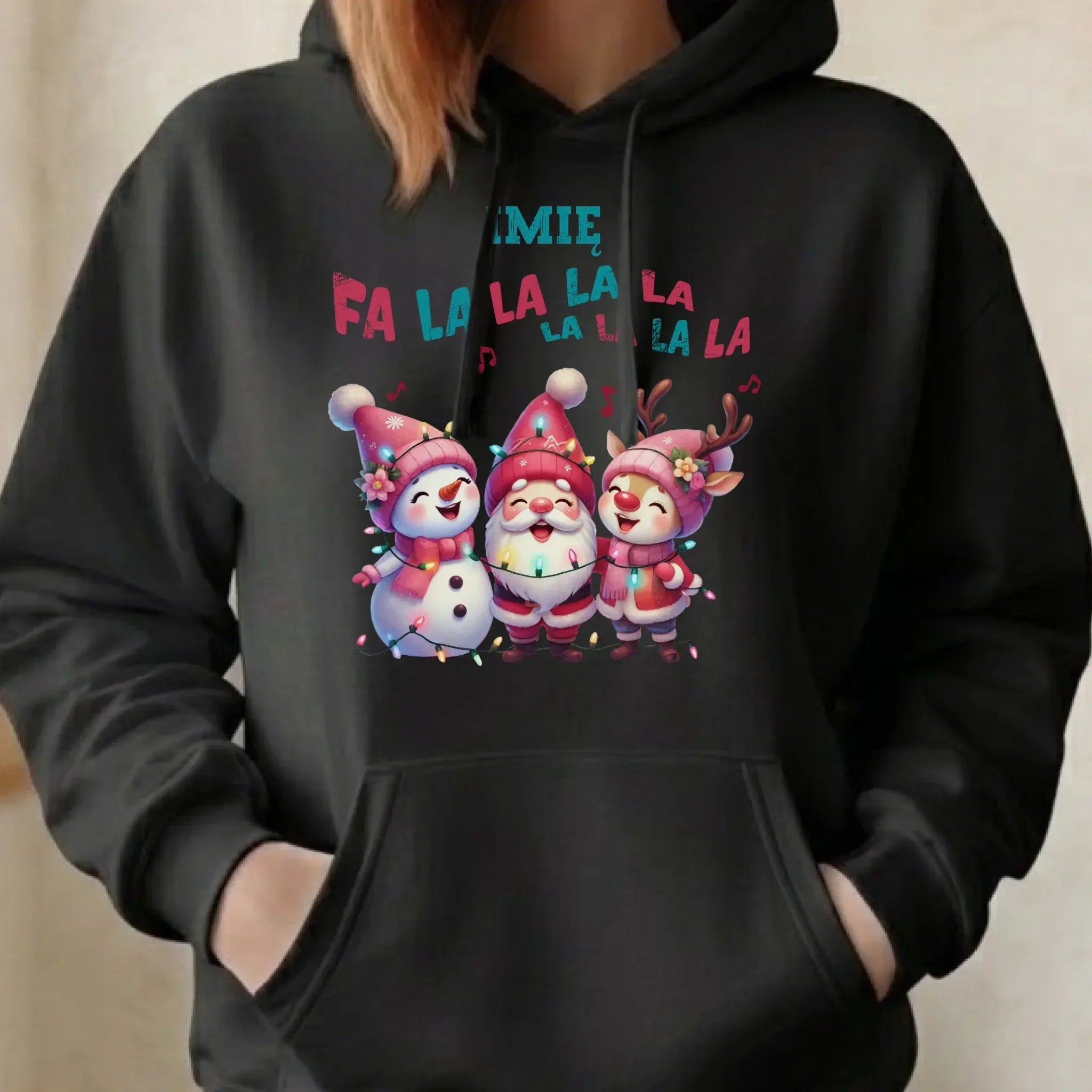 Bluza damska z kapturem świąteczna - Fa la la la - personalizowana BN51 - StoryCups.pl