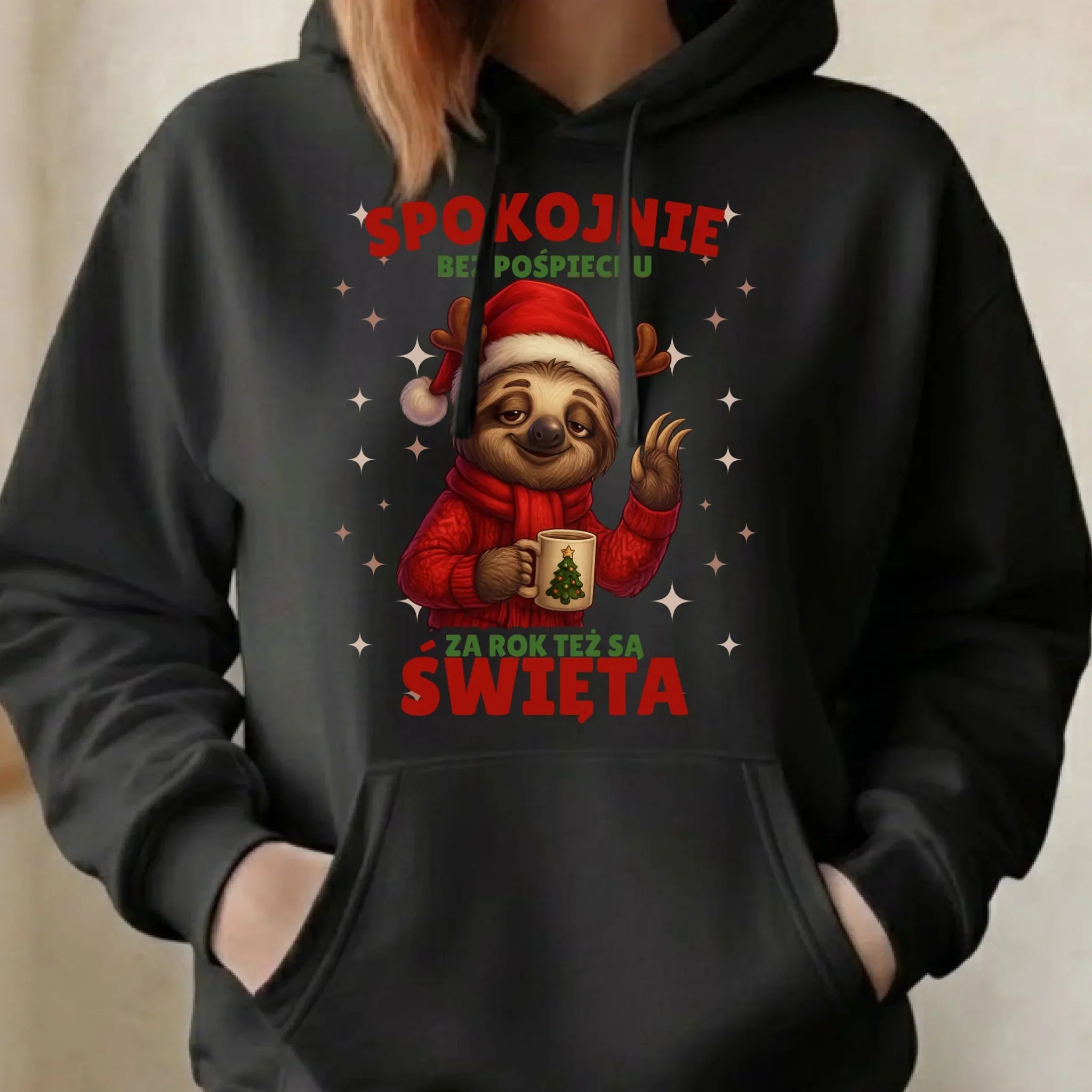 Bluza damska z kapturem świąteczna - Leniwiec Za rok też są święta BN92 - StoryCups.pl