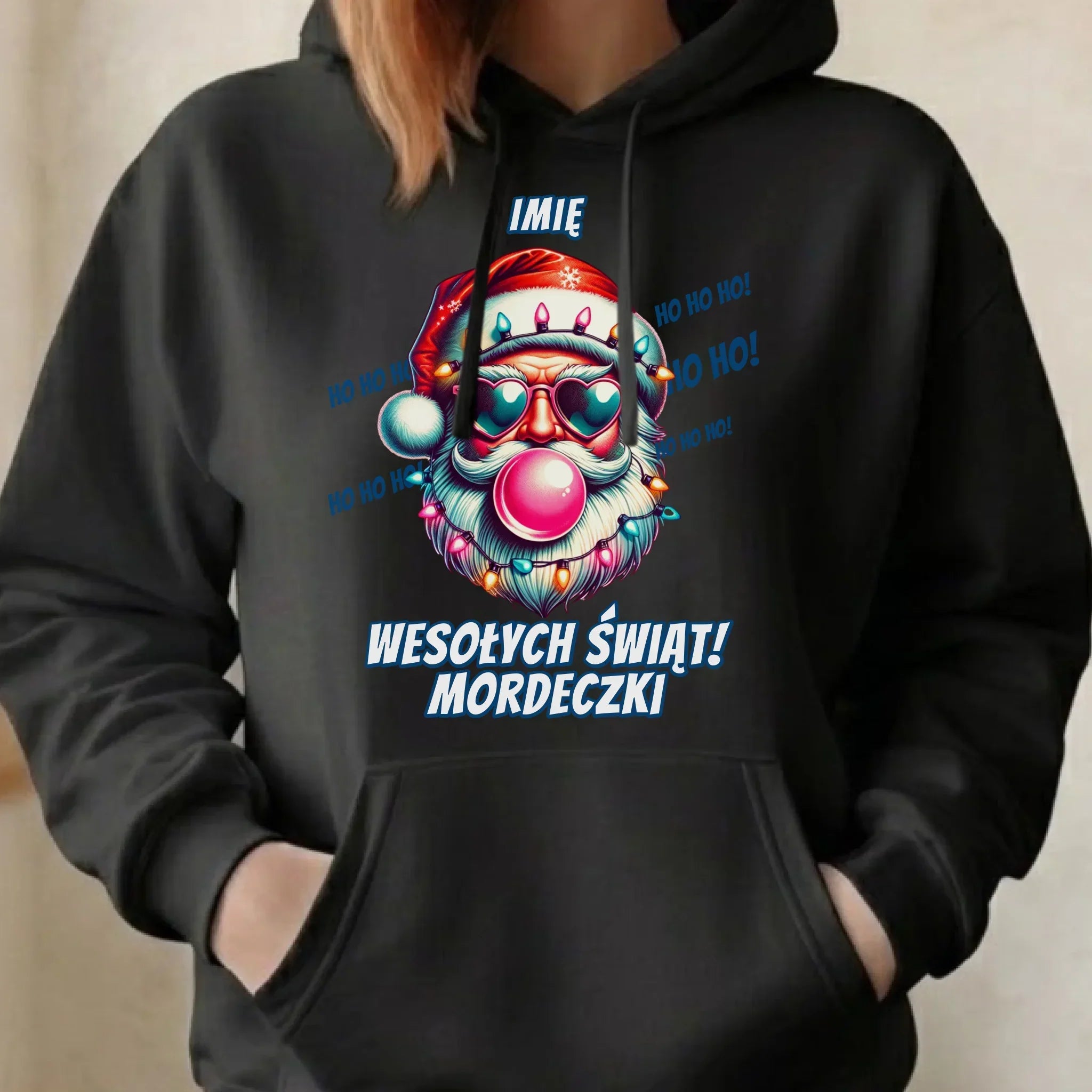 Bluza damska z kapturem świąteczna - Mikołaj Wesołych Świąt Mordeczki - personalizowana BN17 - StoryCups.pl