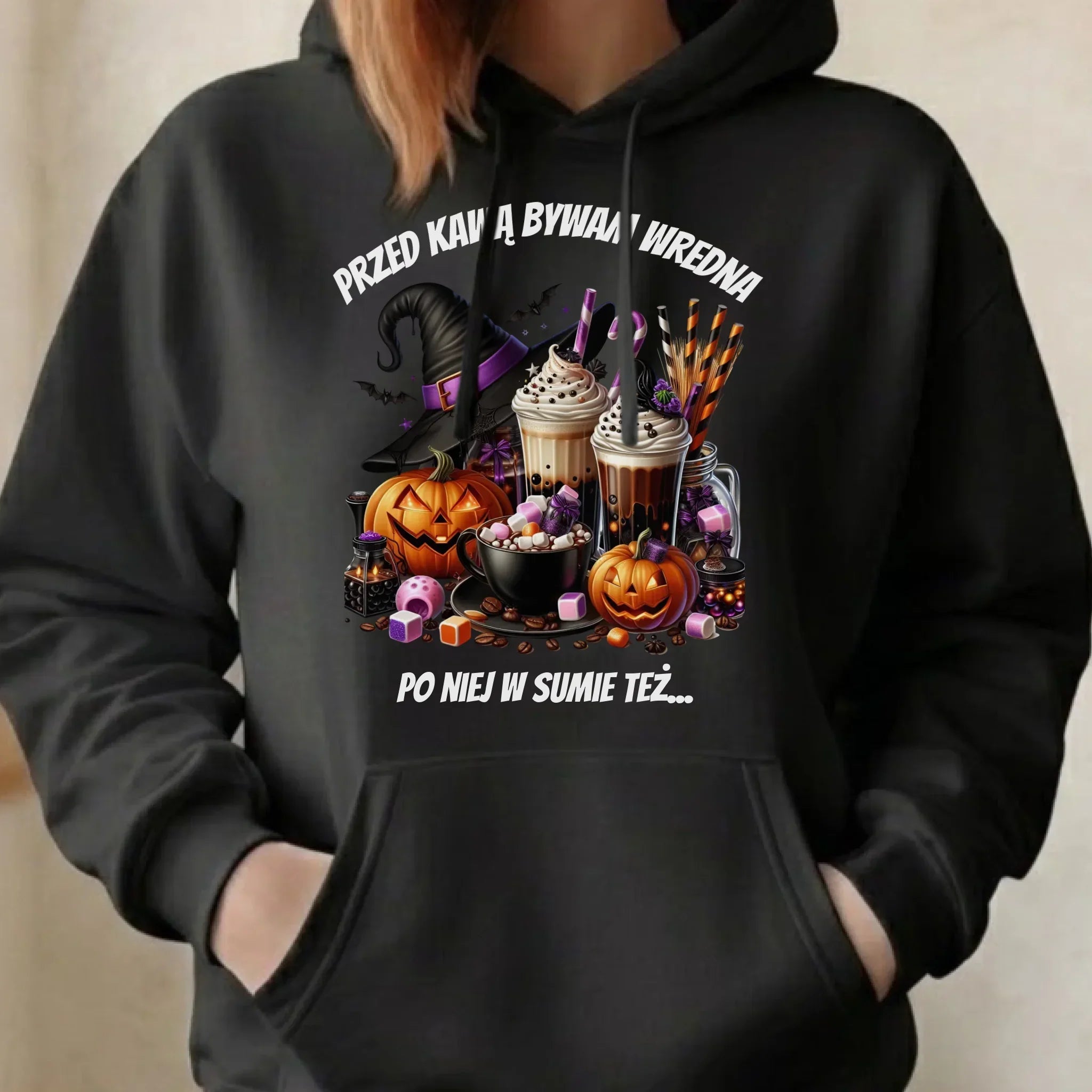 Bluza damska z kapturem Halloween – Przed kawą bywam wredna, po niej w sumie też HL30 - StoryCups.pl