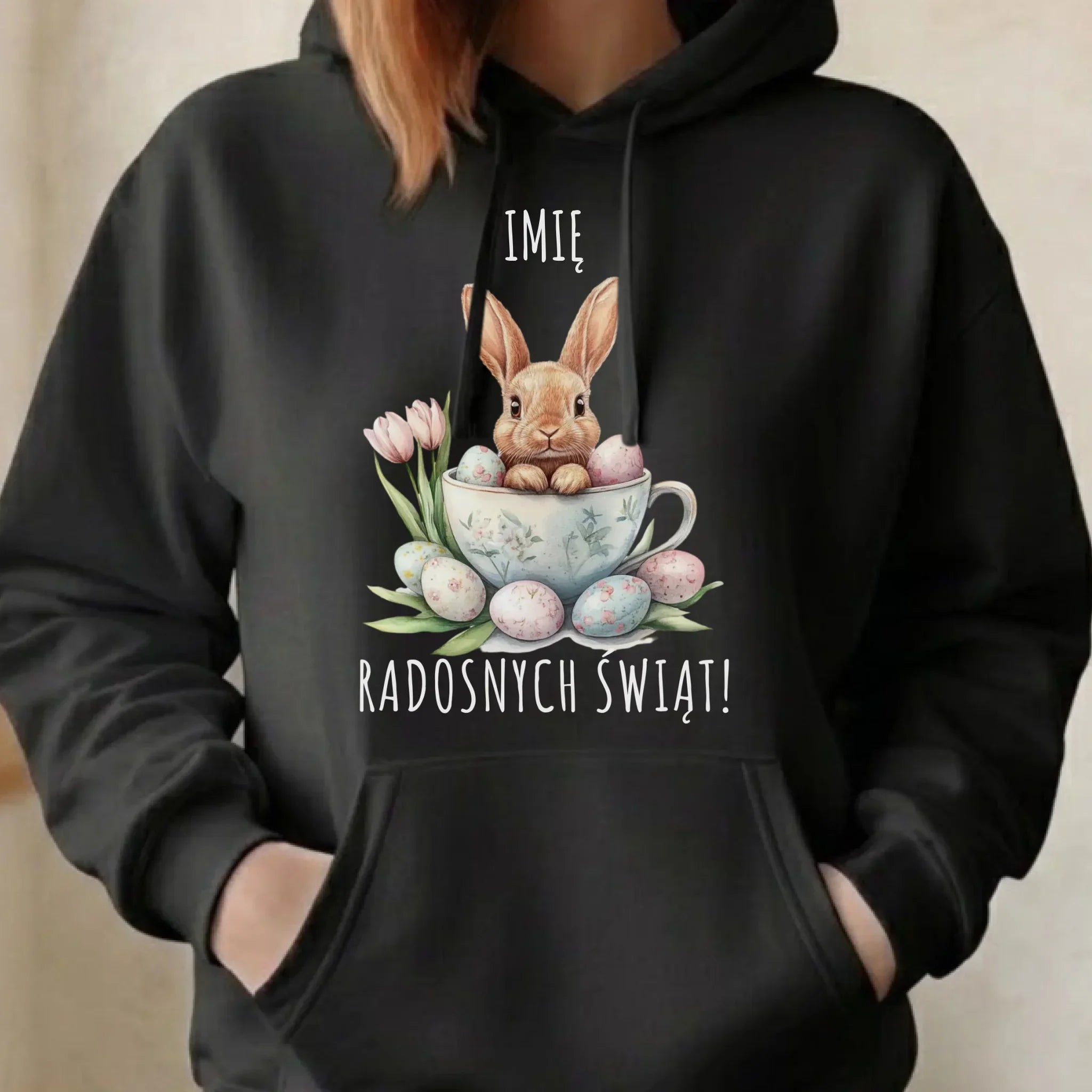 Bluza damska z kapturem na Wielkanoc - Zajączek radosnych świąt - personalizowana WN01 - StoryCups.pl