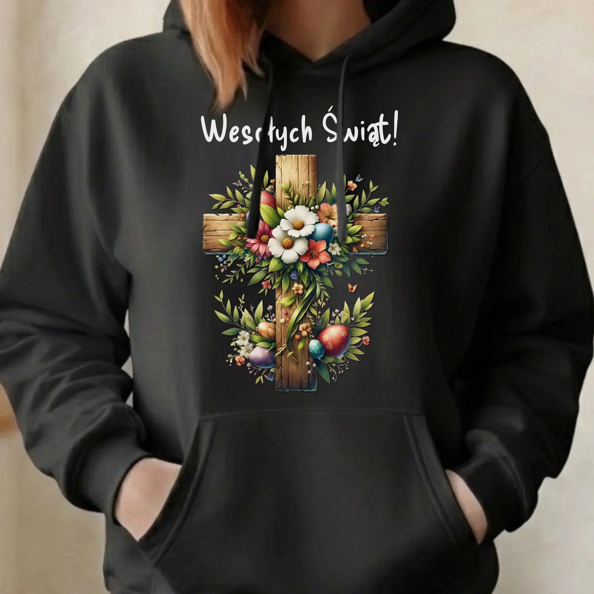 Bluza damska z kapturem na Wielkanoc - Krzyż z kwiatami Wesołych Świąt WN02 - StoryCups.pl