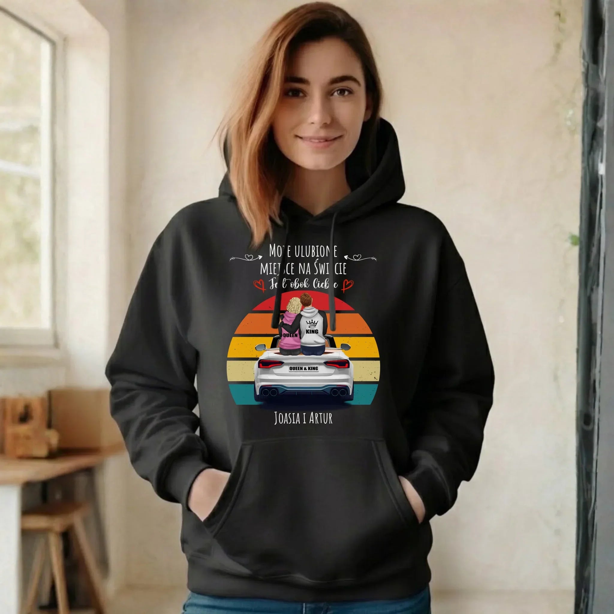 Bluza damska z kapturem dla par - Moje ulubione miejsce - personalizowana W06 - StoryCups.pl