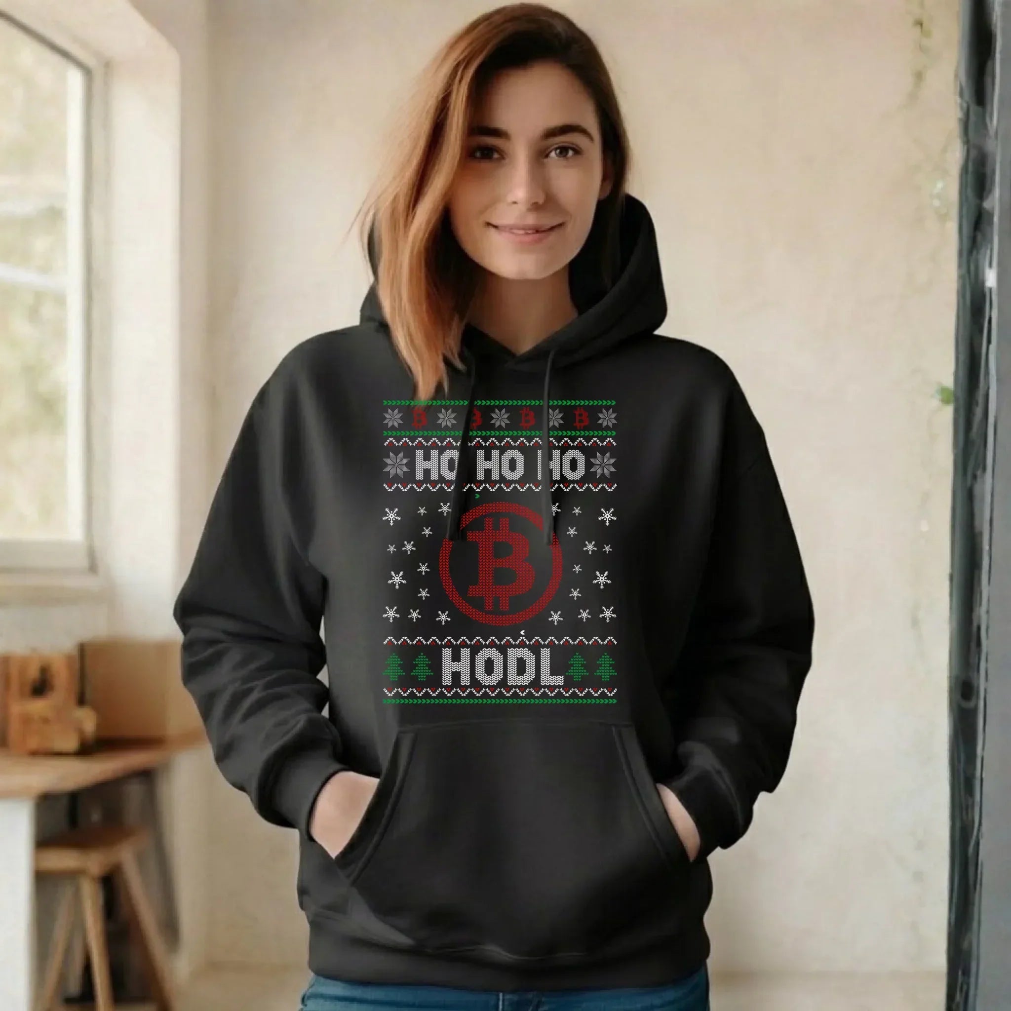 Bluza damska z kapturem świąteczna - Bitcoin - Ho Ho hodl BN103 - StoryCups.pl