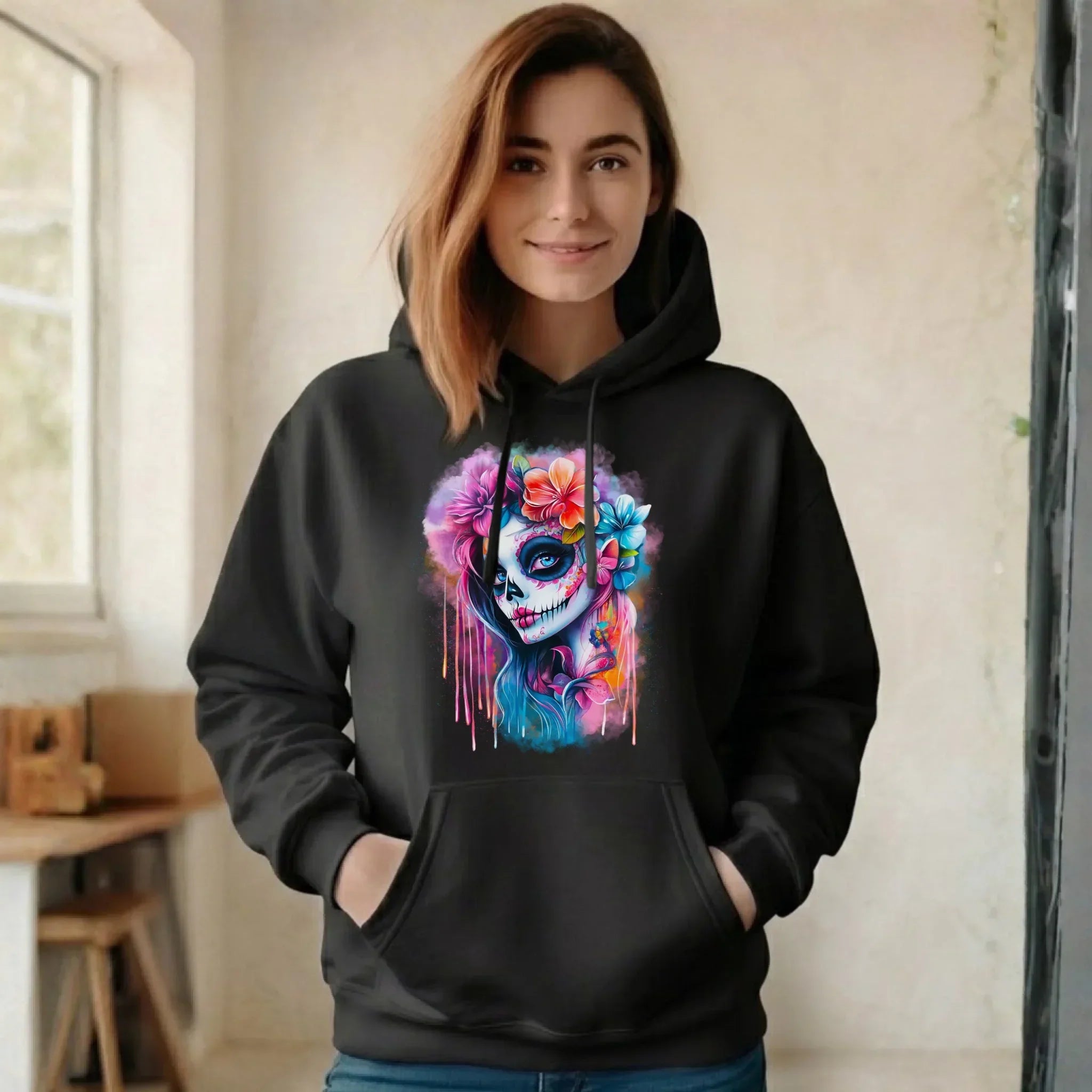 Bluza damska z kapturem Halloween - kolorowa czaszka z kwiatami La Muerte HL05 - StoryCups.pl