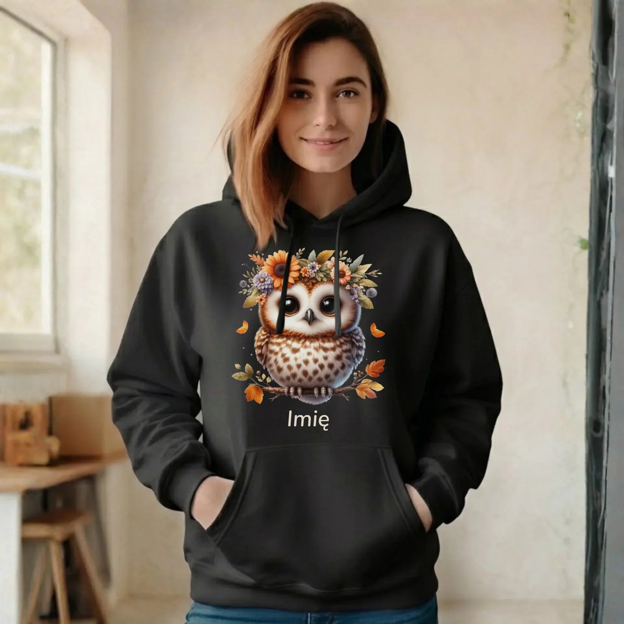 Bluza damska z kapturem jesienna - Sowa w kwiatach JS32 - StoryCups.pl