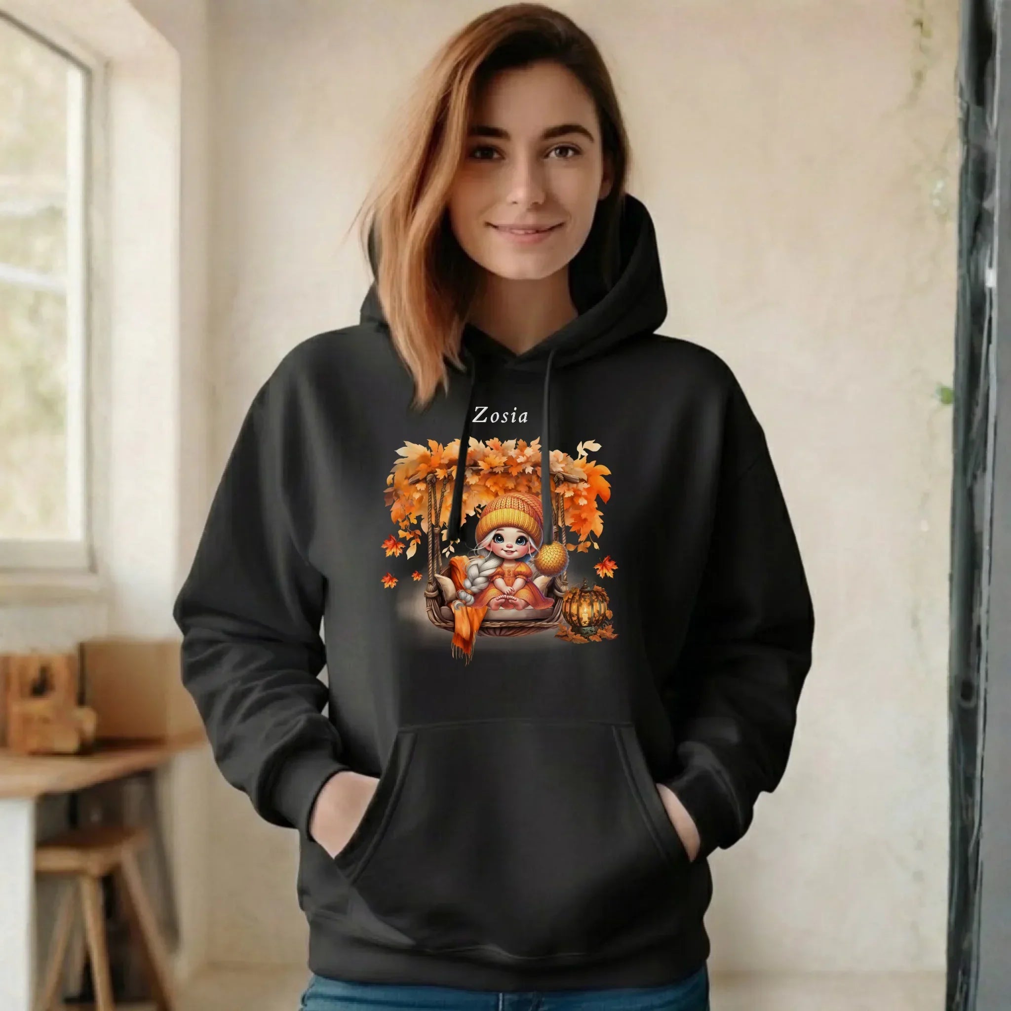 Bluza damska z kapturem jesieniara - Dziewczynka z liśćmi - personalizowana JS17 - StoryCups.pl