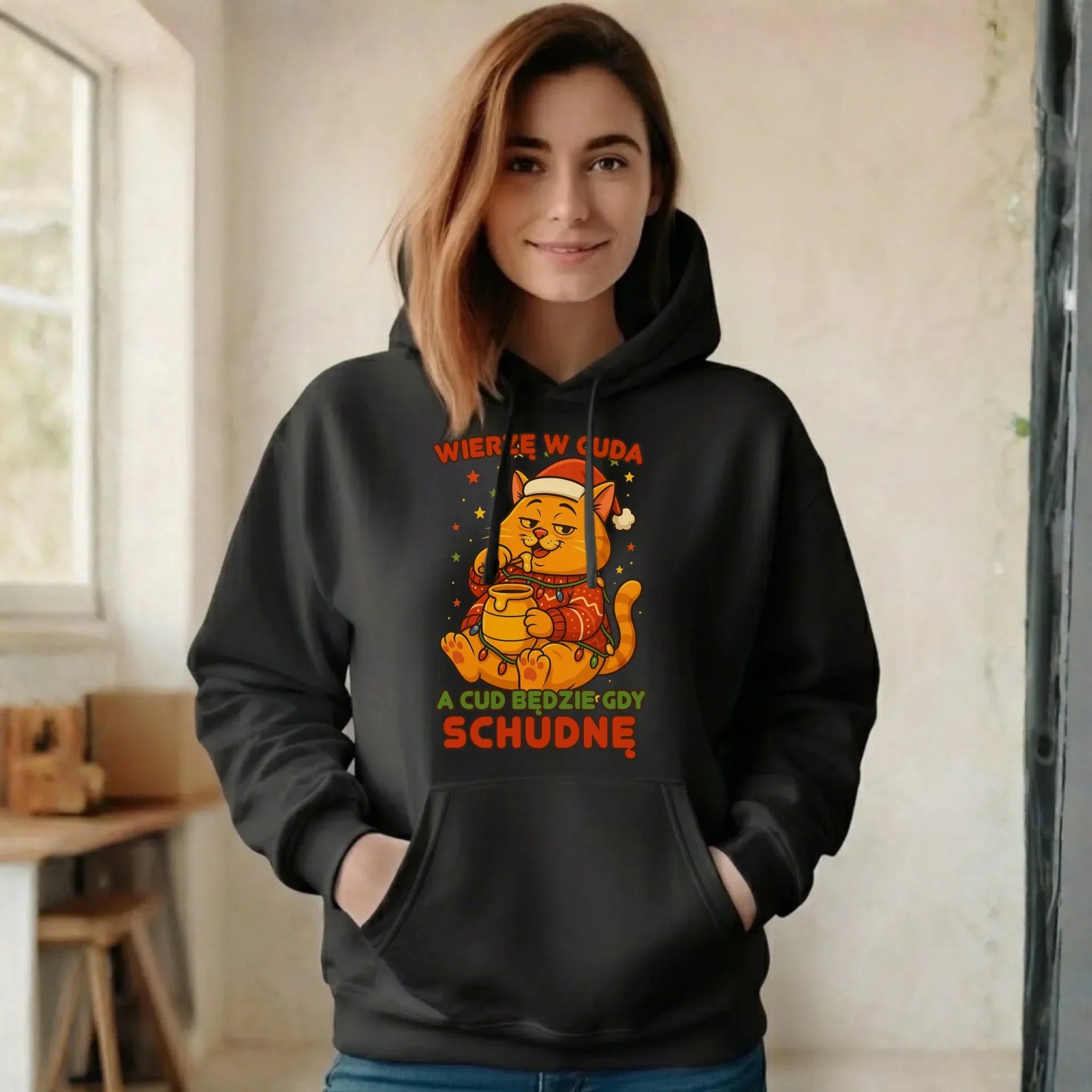 Bluza damska z kapturem świąteczna - Wierzę w cuda, a cud będzie gdy schudnę BN88 - StoryCups.pl