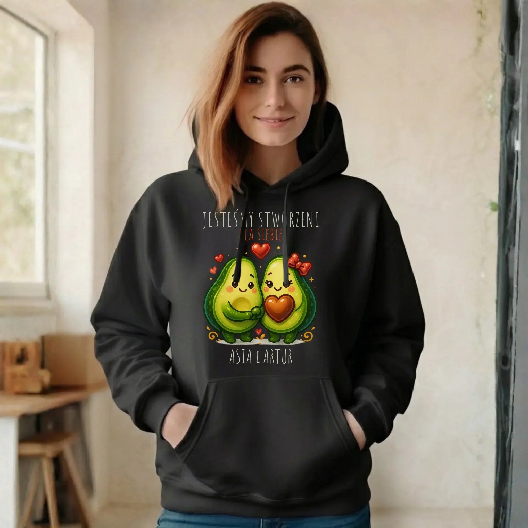 Bluza damska z kapturem - Awokado Stworzeni dla siebie - personalizowana W91 - StoryCups.pl