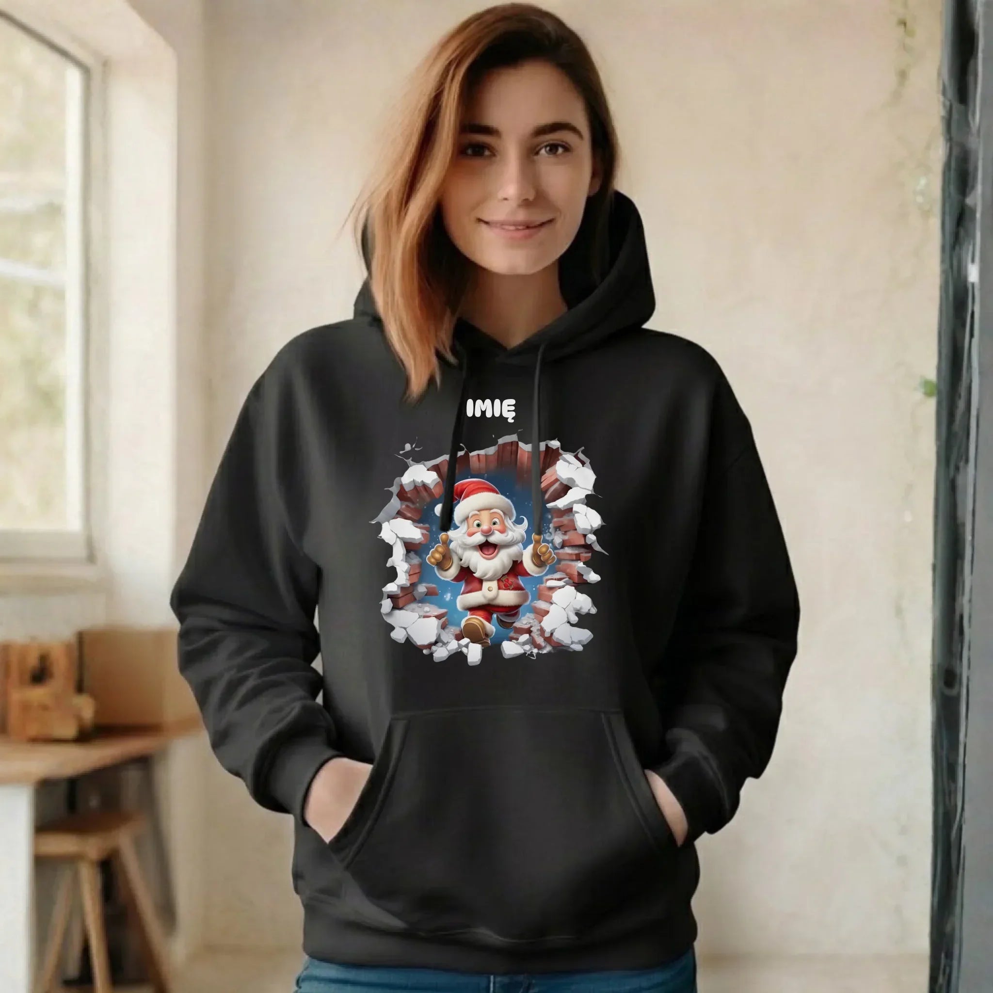 Bluza damska z kapturem świąteczna - Mikołaj 3D - personalizowana BN83 - StoryCups.pl