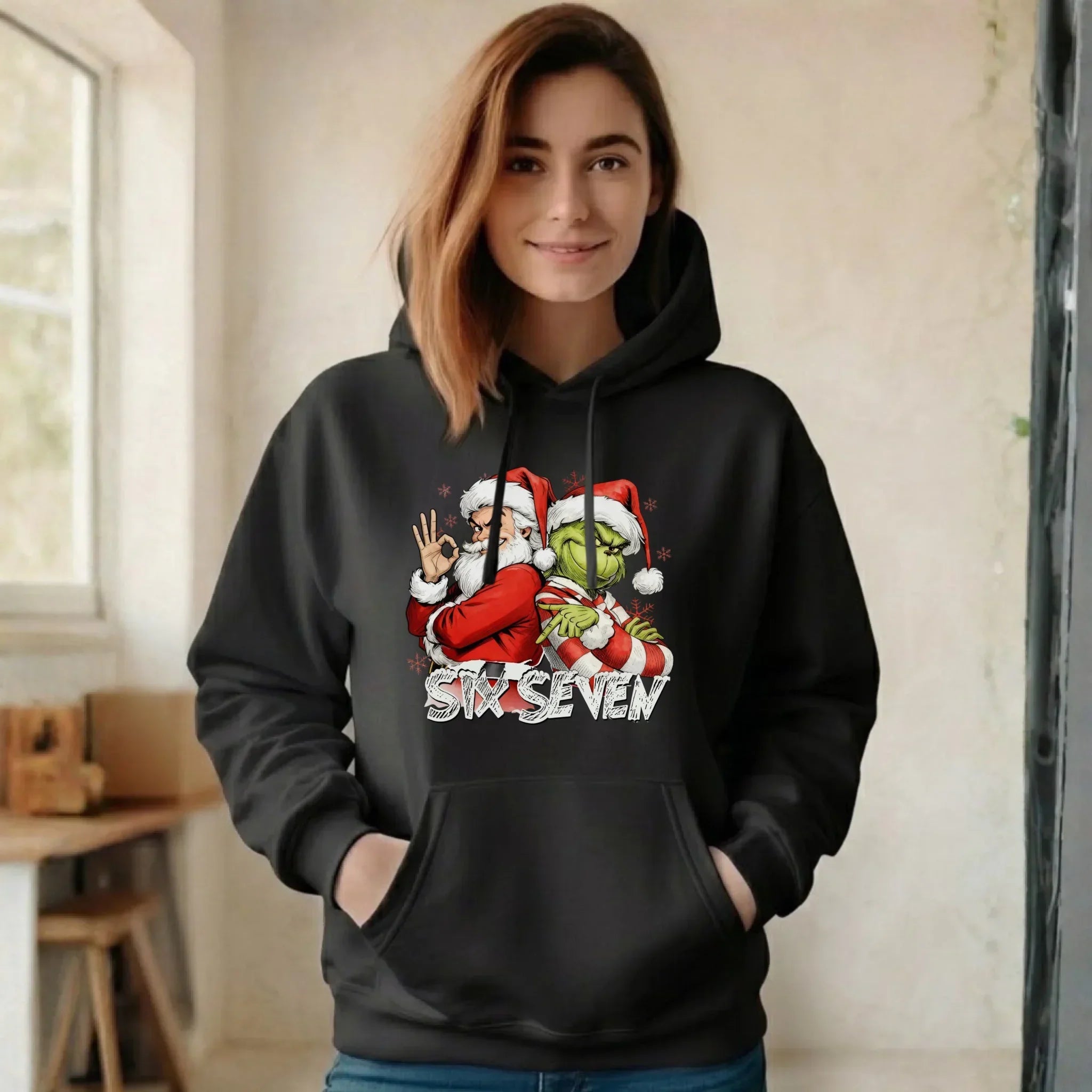 Bluza damska z kapturem świąteczna - Mikołaj i Grinch six seven 67 BN148 - StoryCups.pl