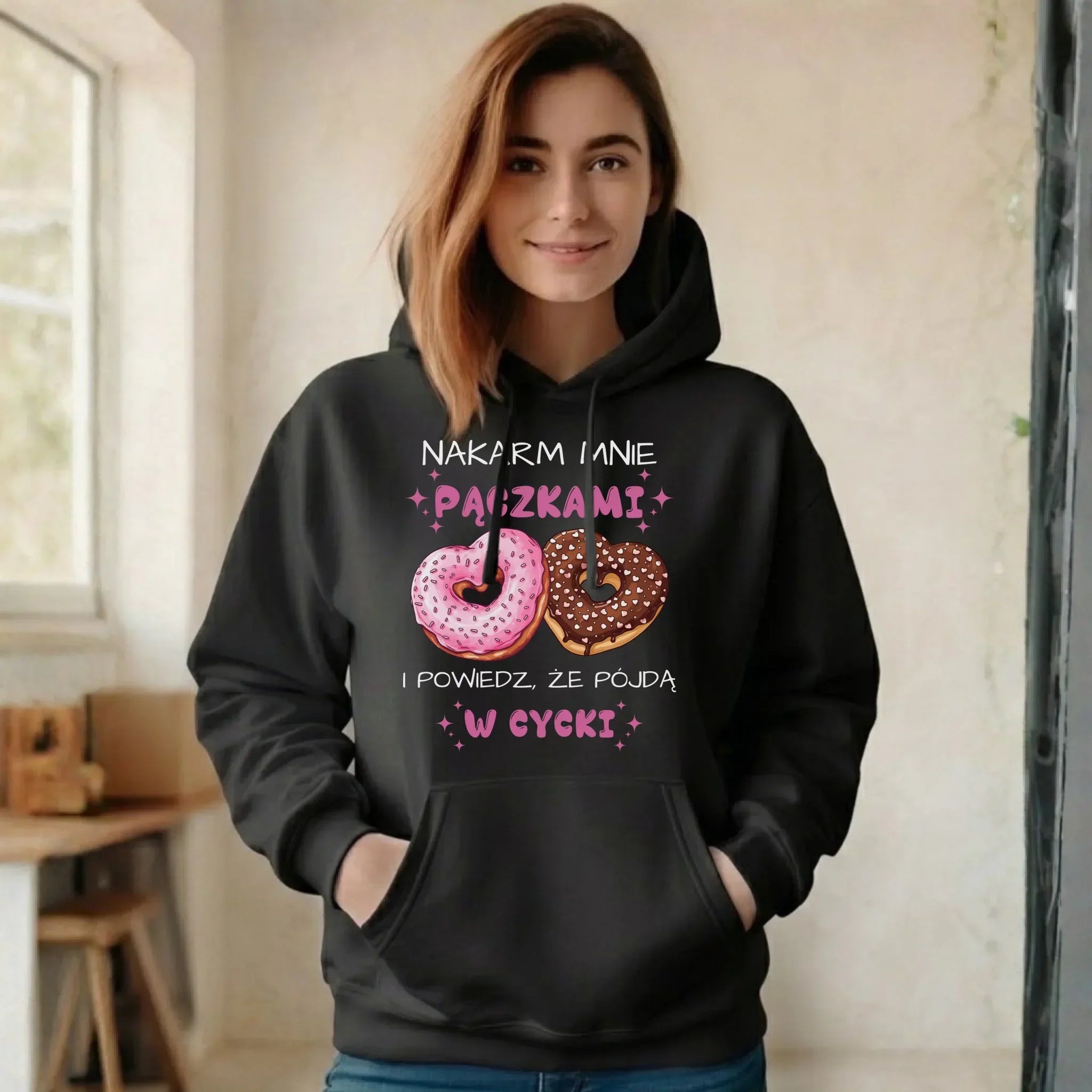 Bluza damska z kapturem - Nakarm mnie pączkami W59 - StoryCups.pl