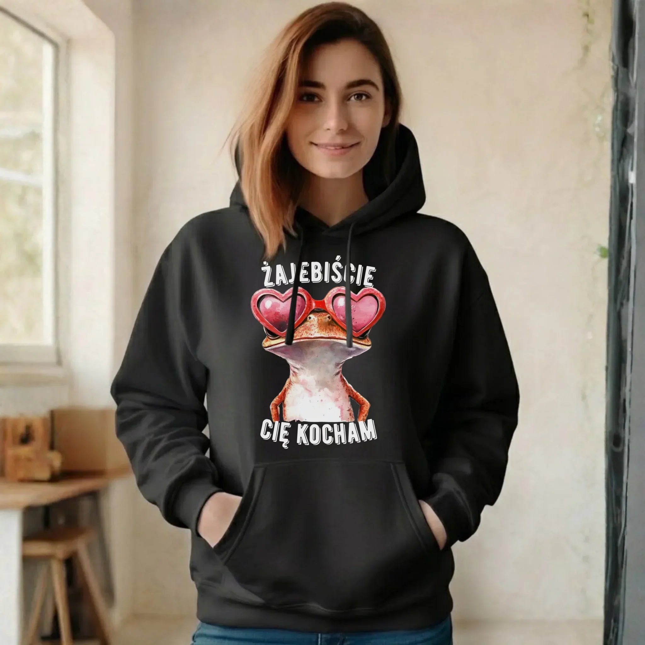 Bluza damska z kapturem dla par - Żajebiście Cię Kocham Żaba W17 - StoryCups.pl