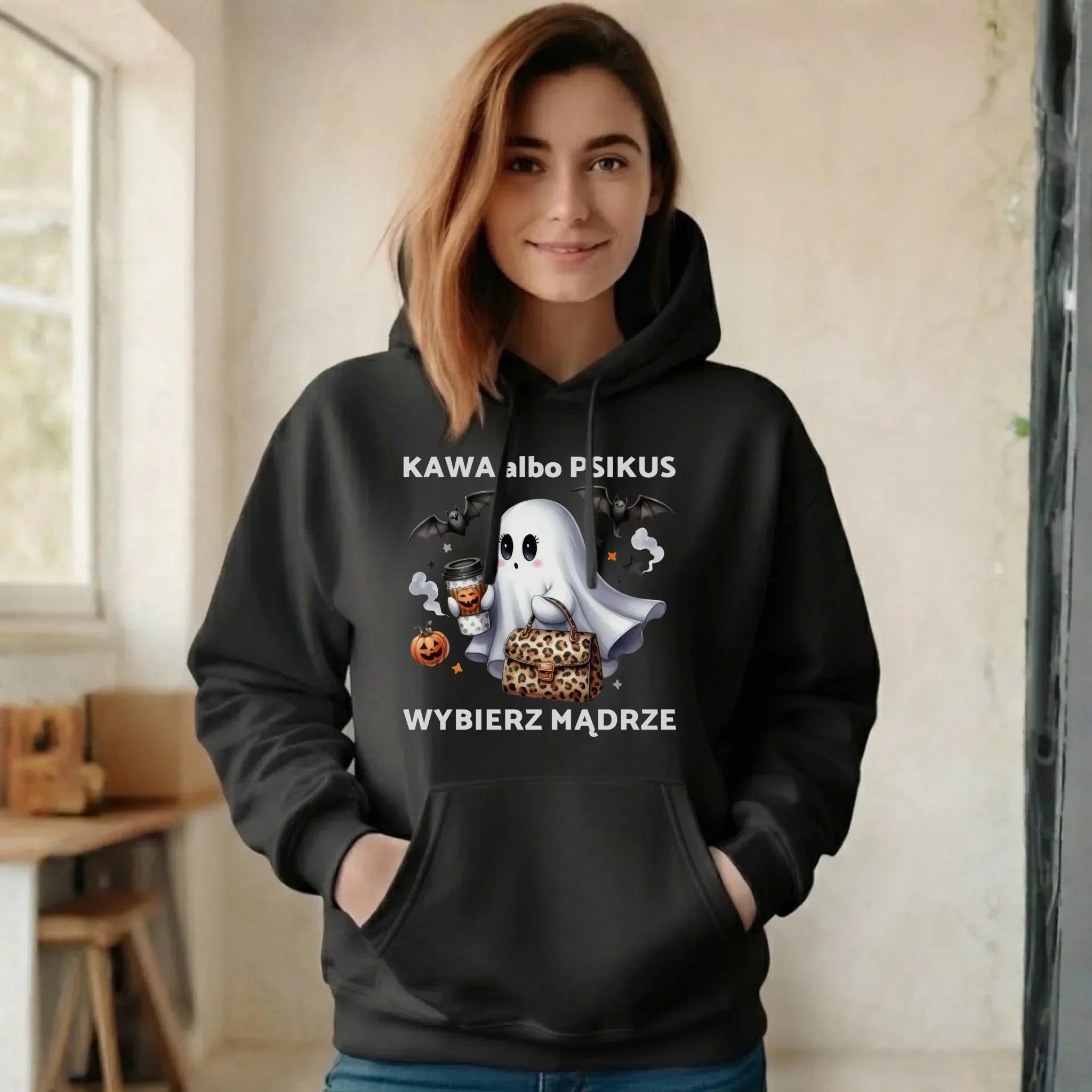 Bluza damska z kapturem halloweenowa - Duch - Kawa albo psikus HL07 - StoryCups.pl