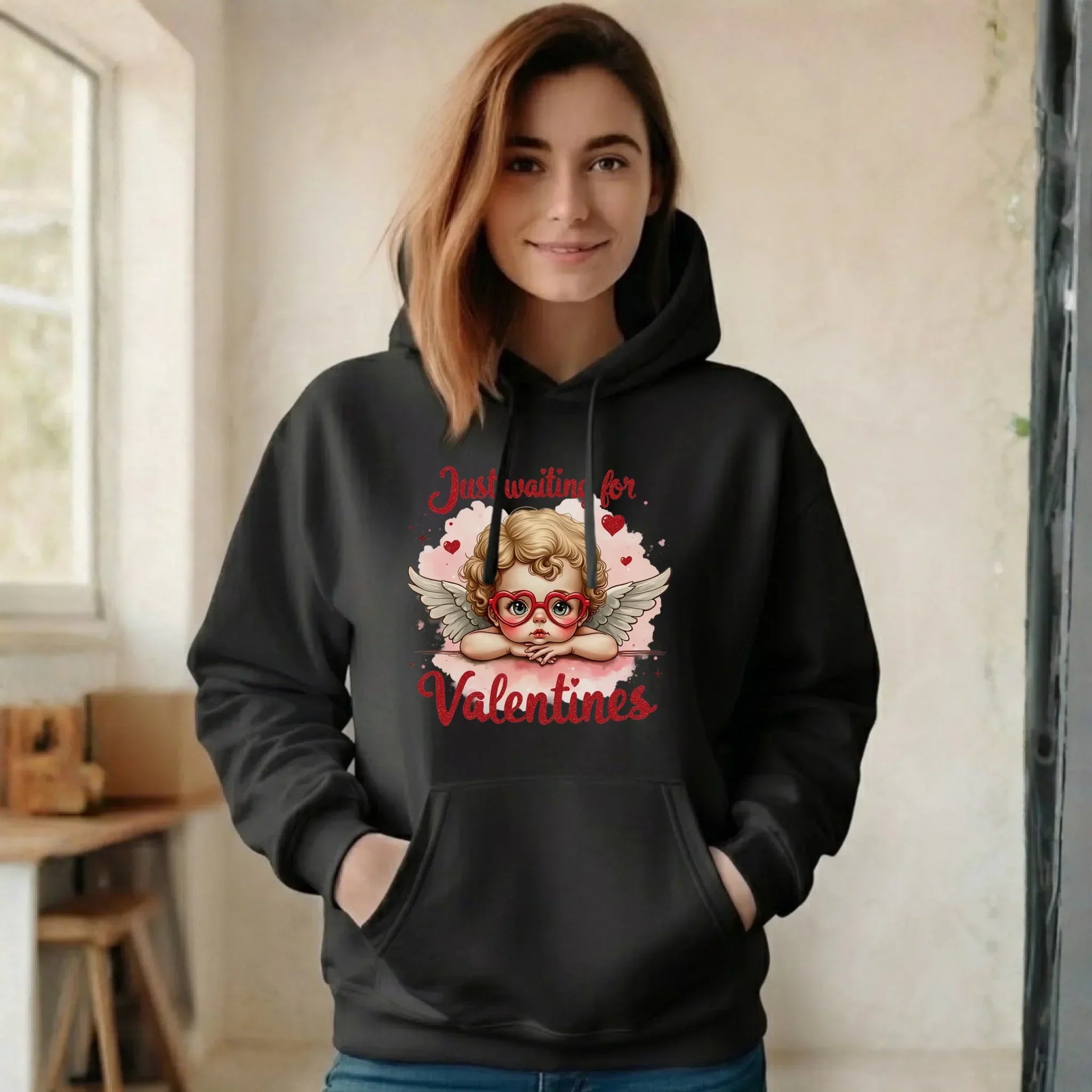 Bluza damska z kapturem na Walentynki - Just waiting for Valentines W24 - StoryCups.pl