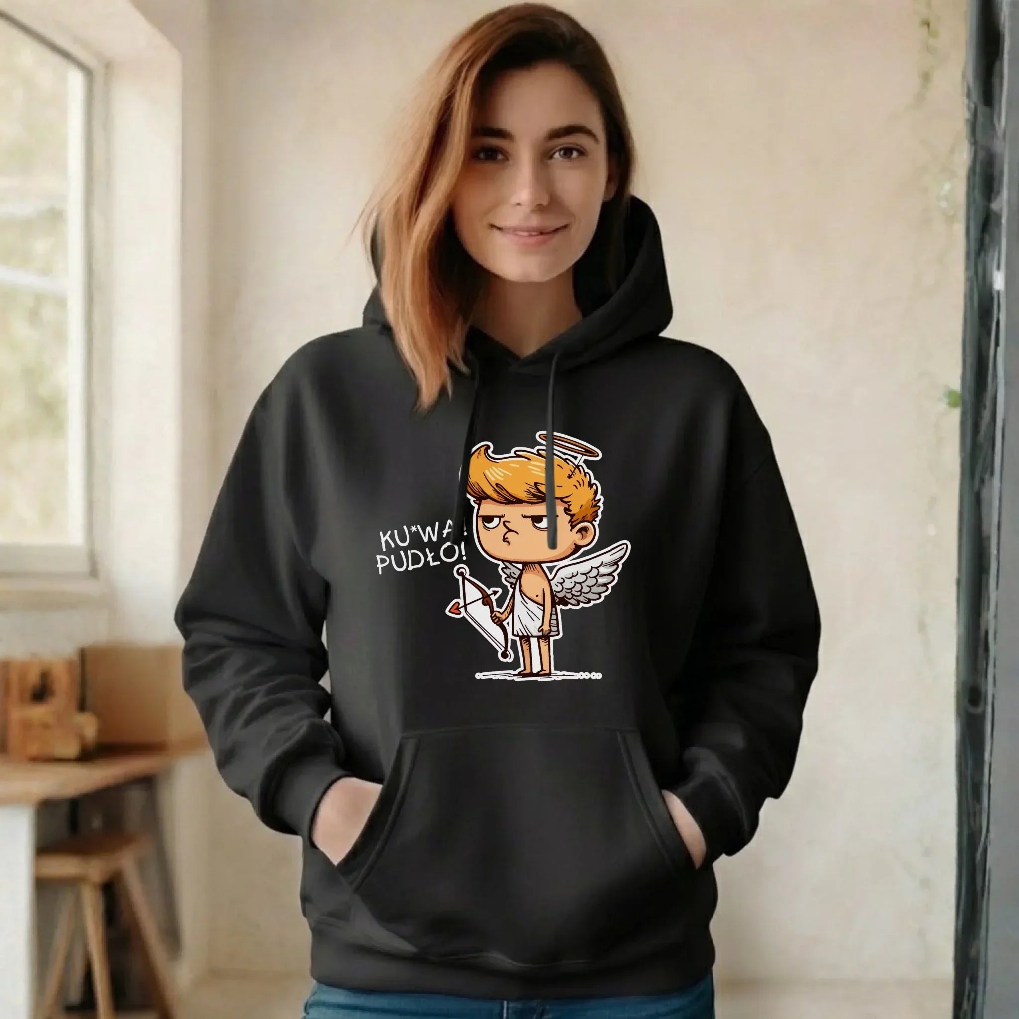 Bluza damska z kapturem - Aniołek z łukiem ku*wa pudło - bez cenzury W56 - StoryCups.pl