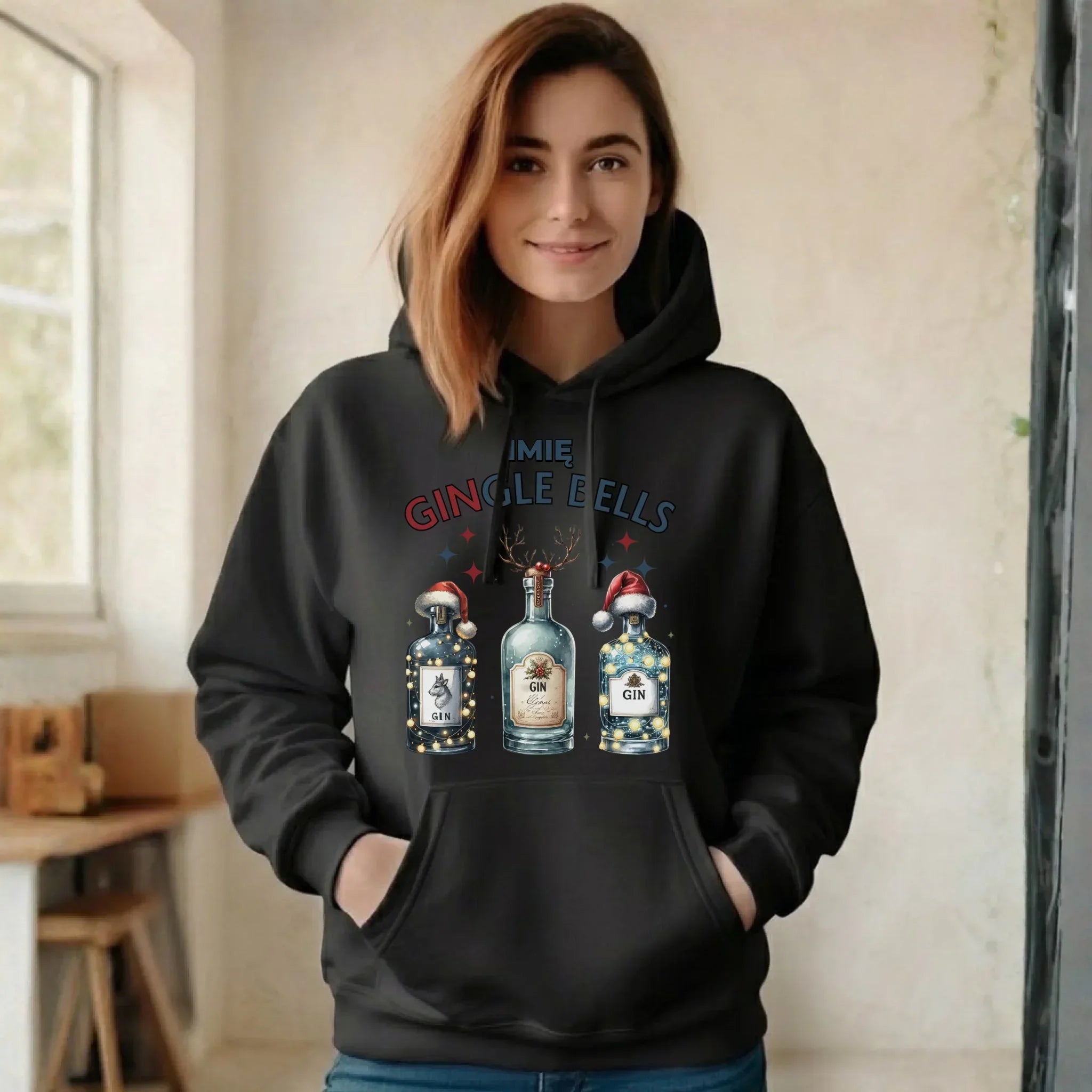 Bluza damska z kapturem świąteczna - Gin Gingle bells - personalizowana BN68 - StoryCups.pl