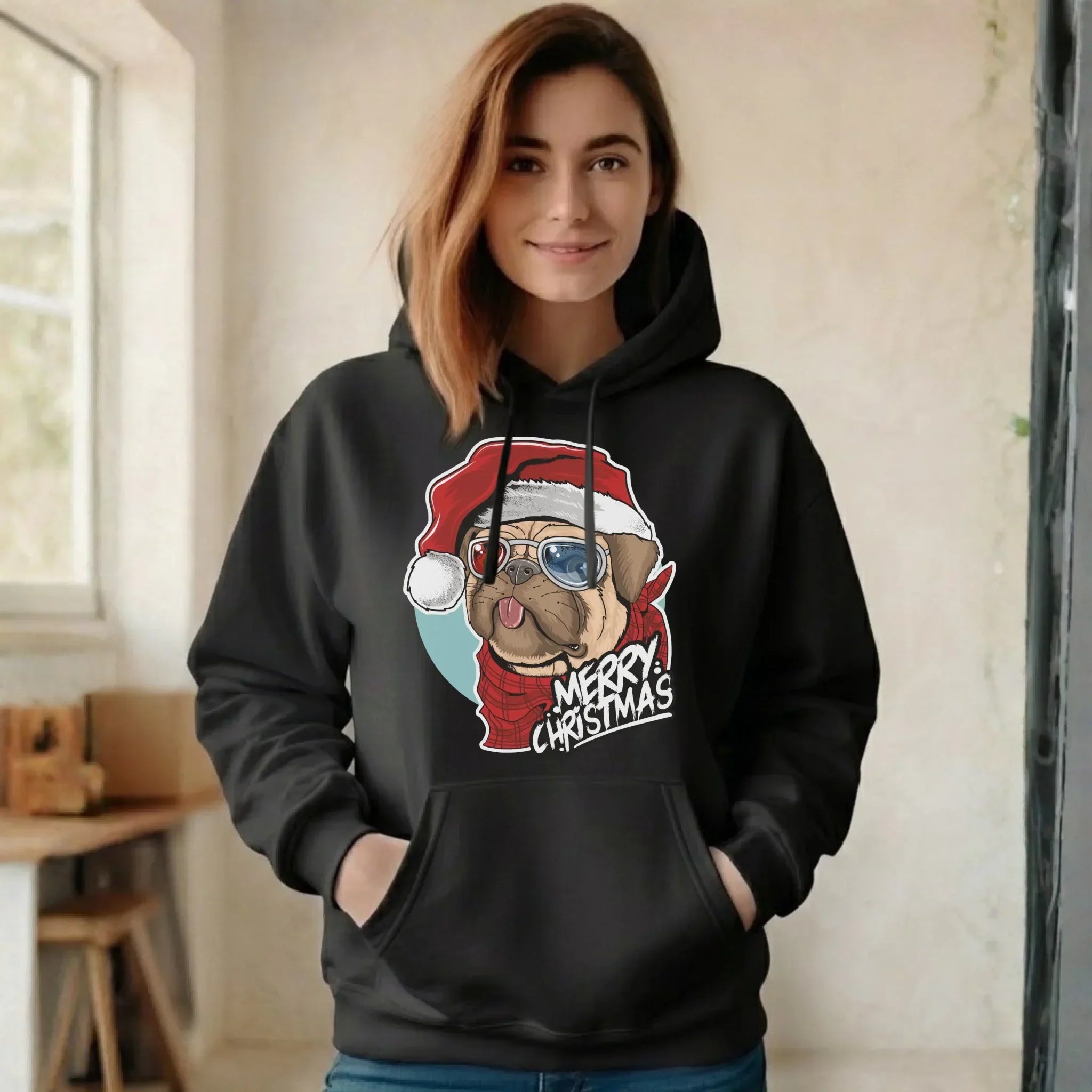 Bluza damska z kapturem świąteczna - Mops Merry Christmas BN62 - StoryCups.pl