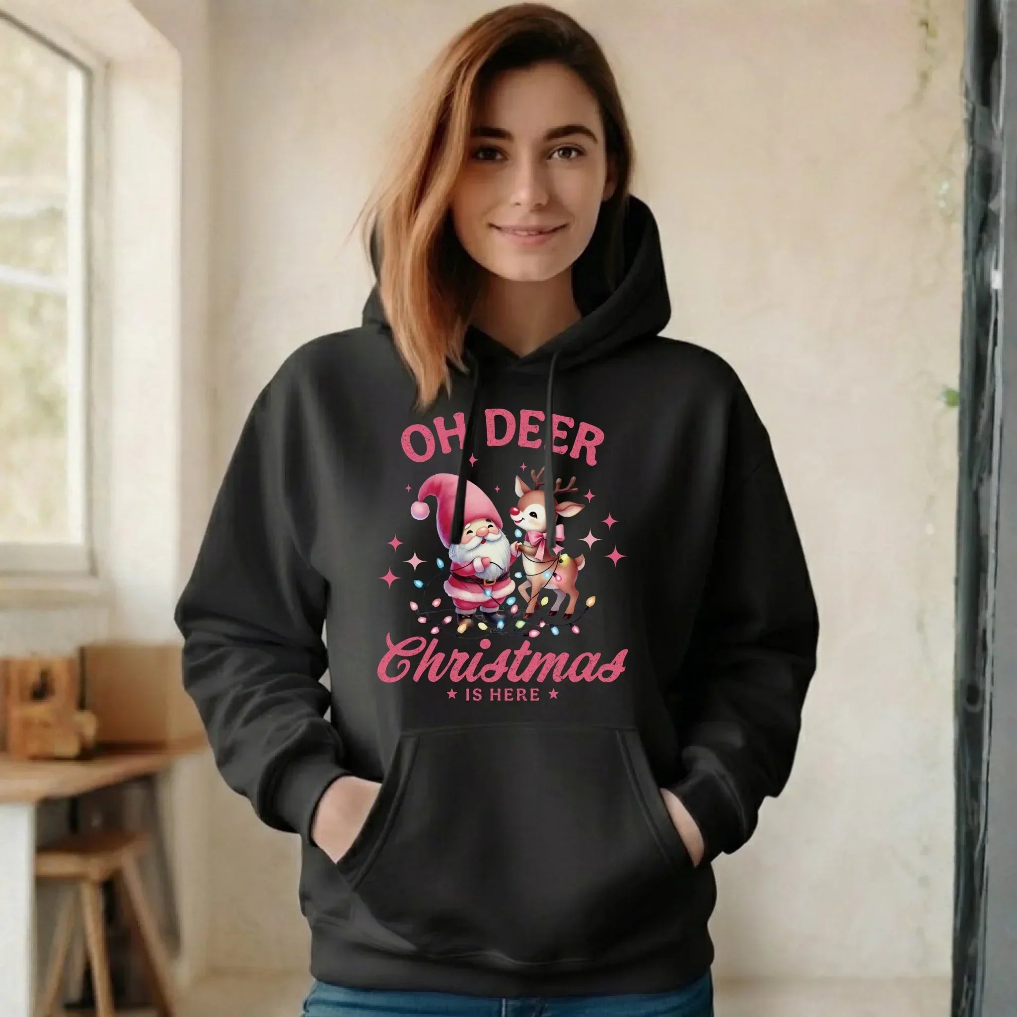Bluza damska z kapturem świąteczna - Oh deer Christmas is here BN59 - StoryCups.pl