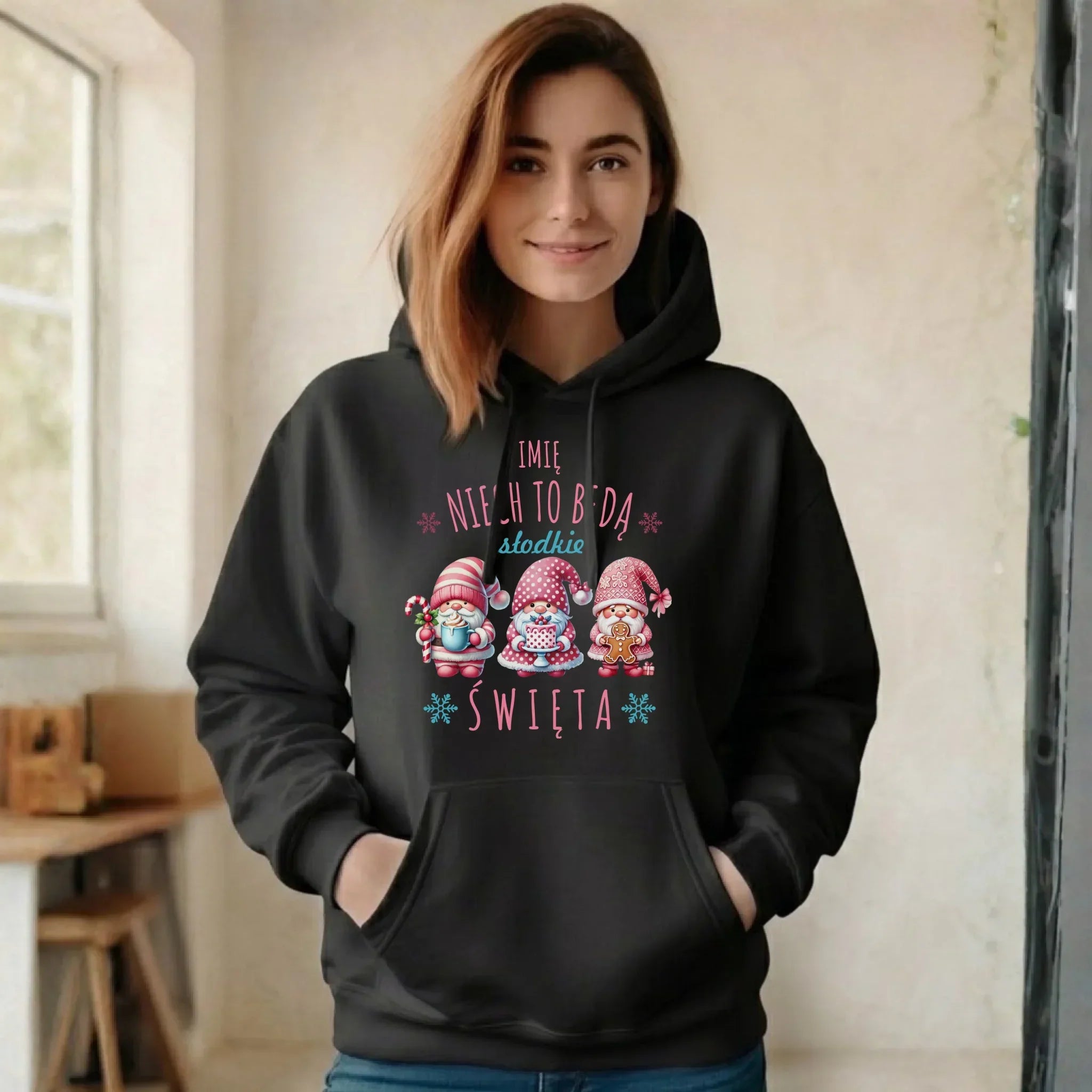 Bluza damska z kapturem świąteczna - Skrzaty Słodkie Święta - personalizowana BN57 - StoryCups.pl