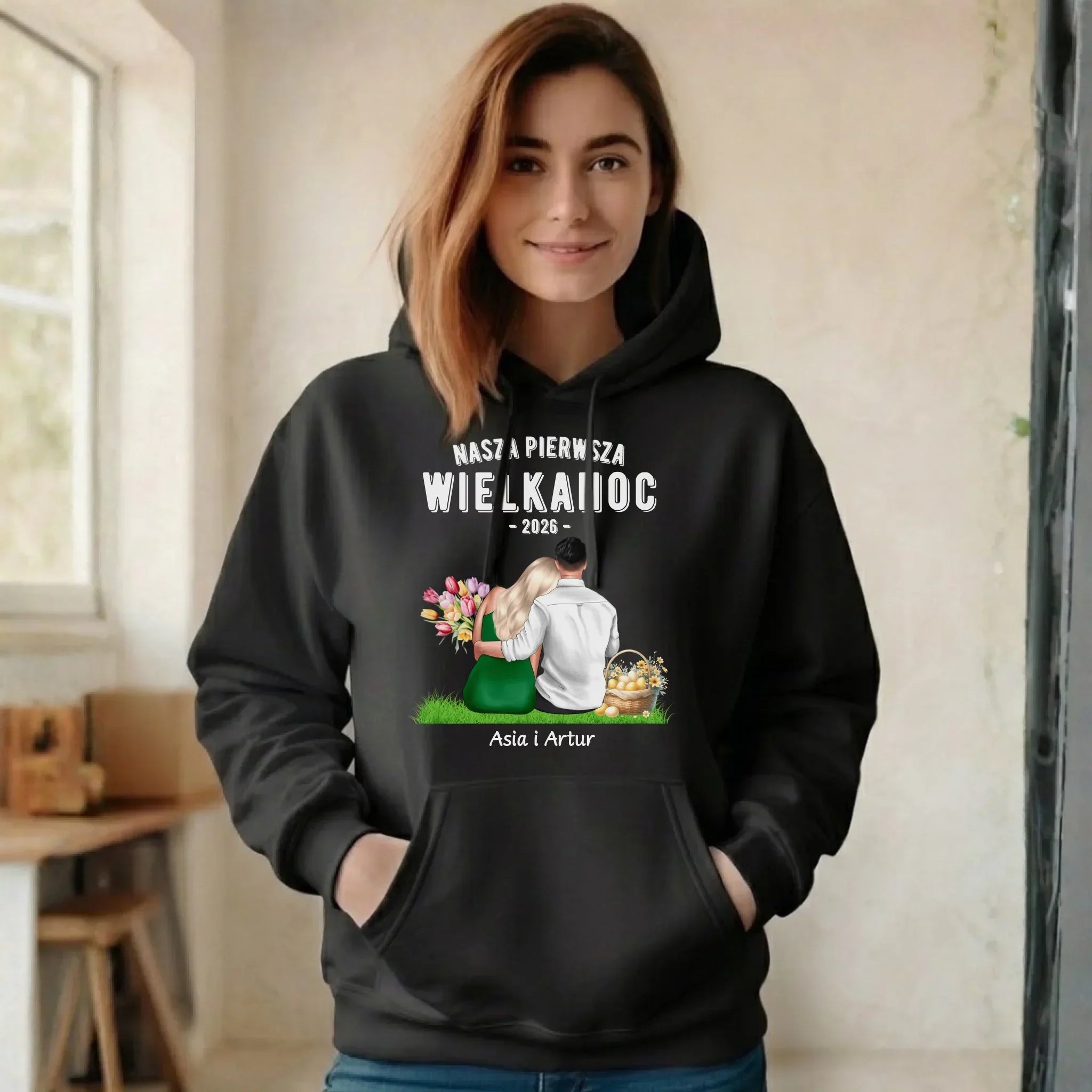 Bluza damska z kapturem wielkanocna dla par - Nasza pierwsza Wielkanoc - personalizowana WN16 - StoryCups.pl