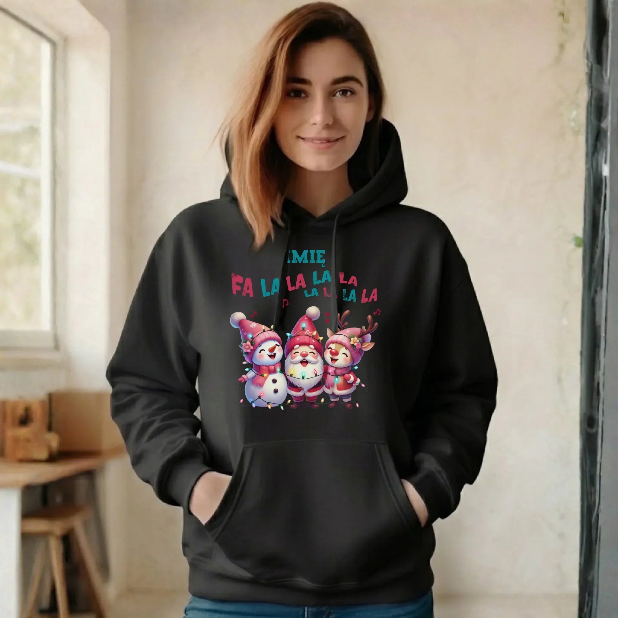 Bluza damska z kapturem świąteczna - Fa la la la - personalizowana BN51 - StoryCups.pl