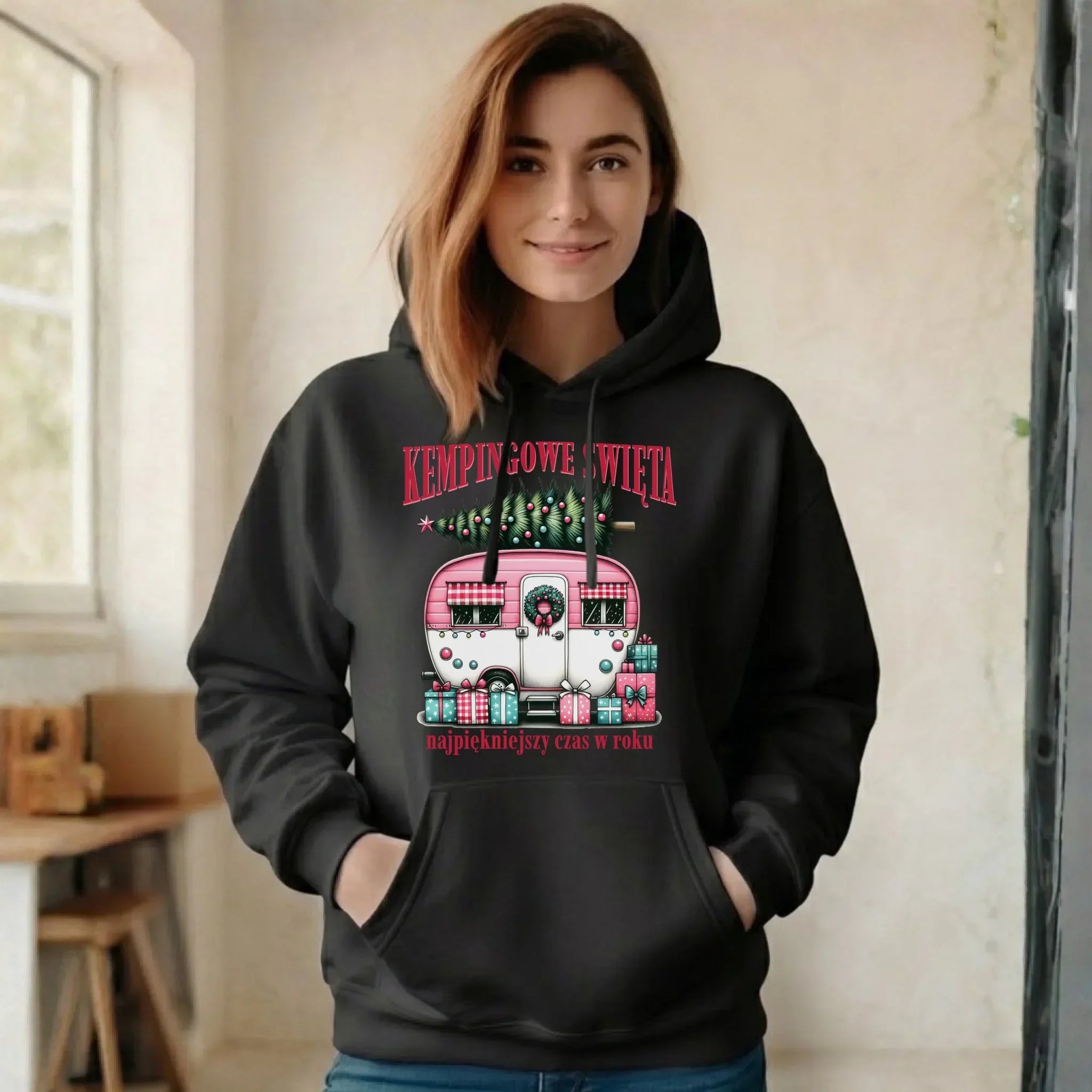 Bluza damska z kapturem świąteczna - Kamper Kempingowe Święta BN40 - StoryCups.pl