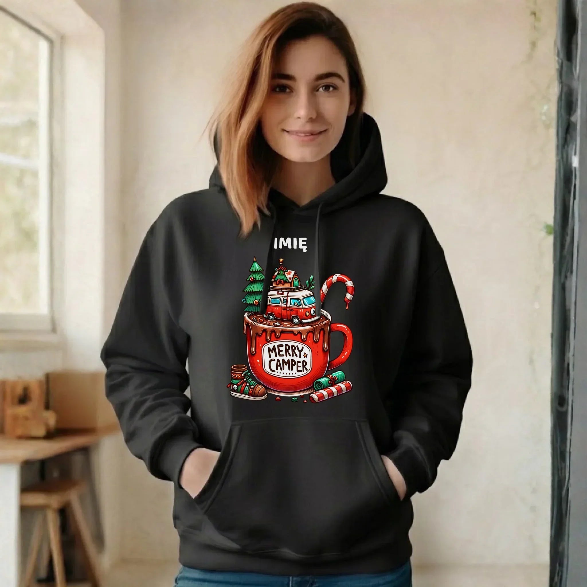 Bluza damska z kapturem świąteczna - Kamper Merry Camper - personalizowana BN43 - StoryCups.pl
