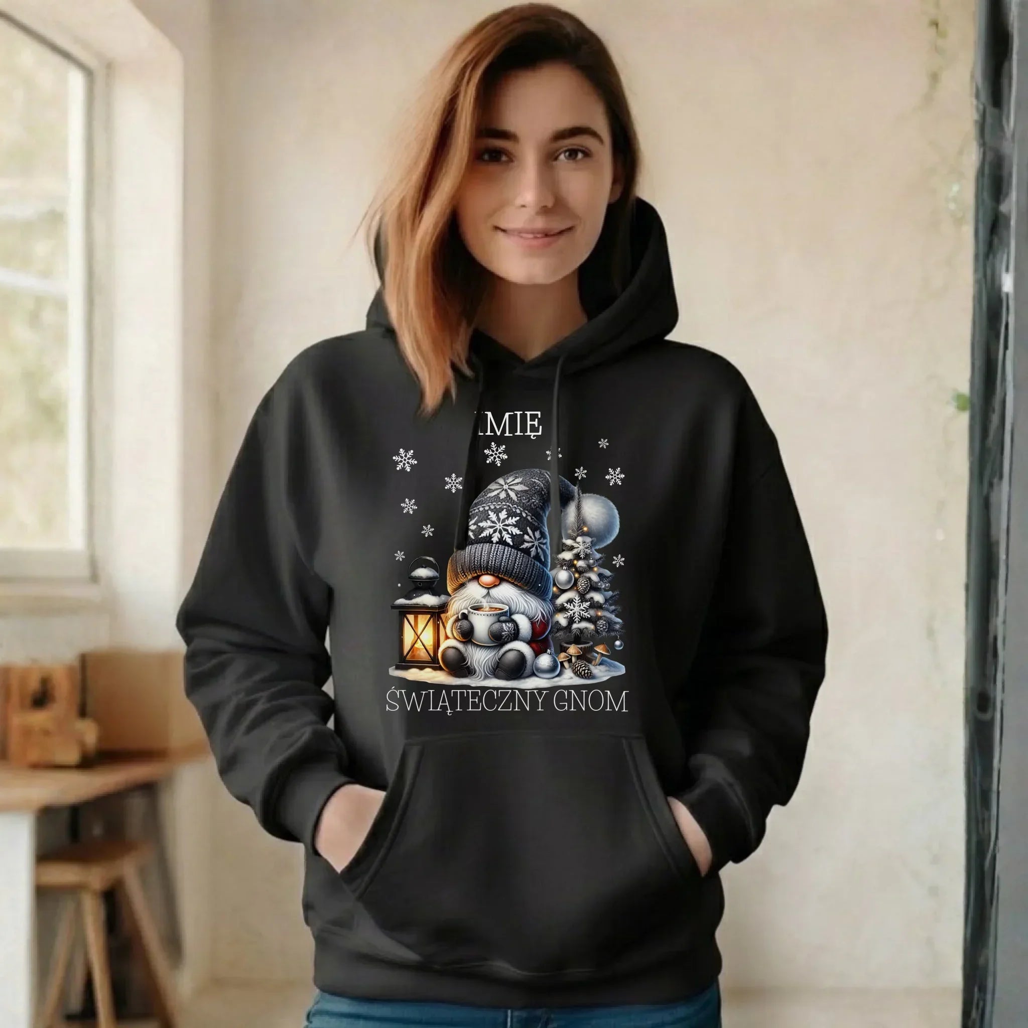 Bluza damska z kapturem świąteczna - Gnom z czekoladą - personalizowana BN41 - StoryCups.pl