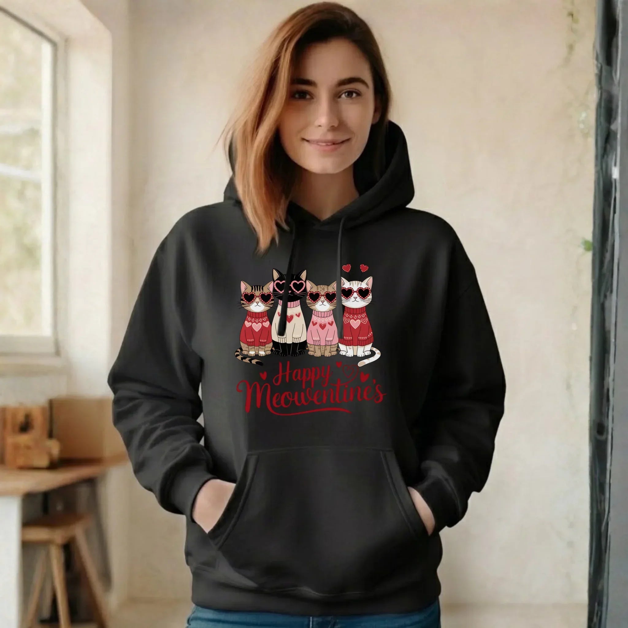 Bluza damska z kapturem na Walentynki dla kociary - Happy Meowentine's W25 - StoryCups.pl