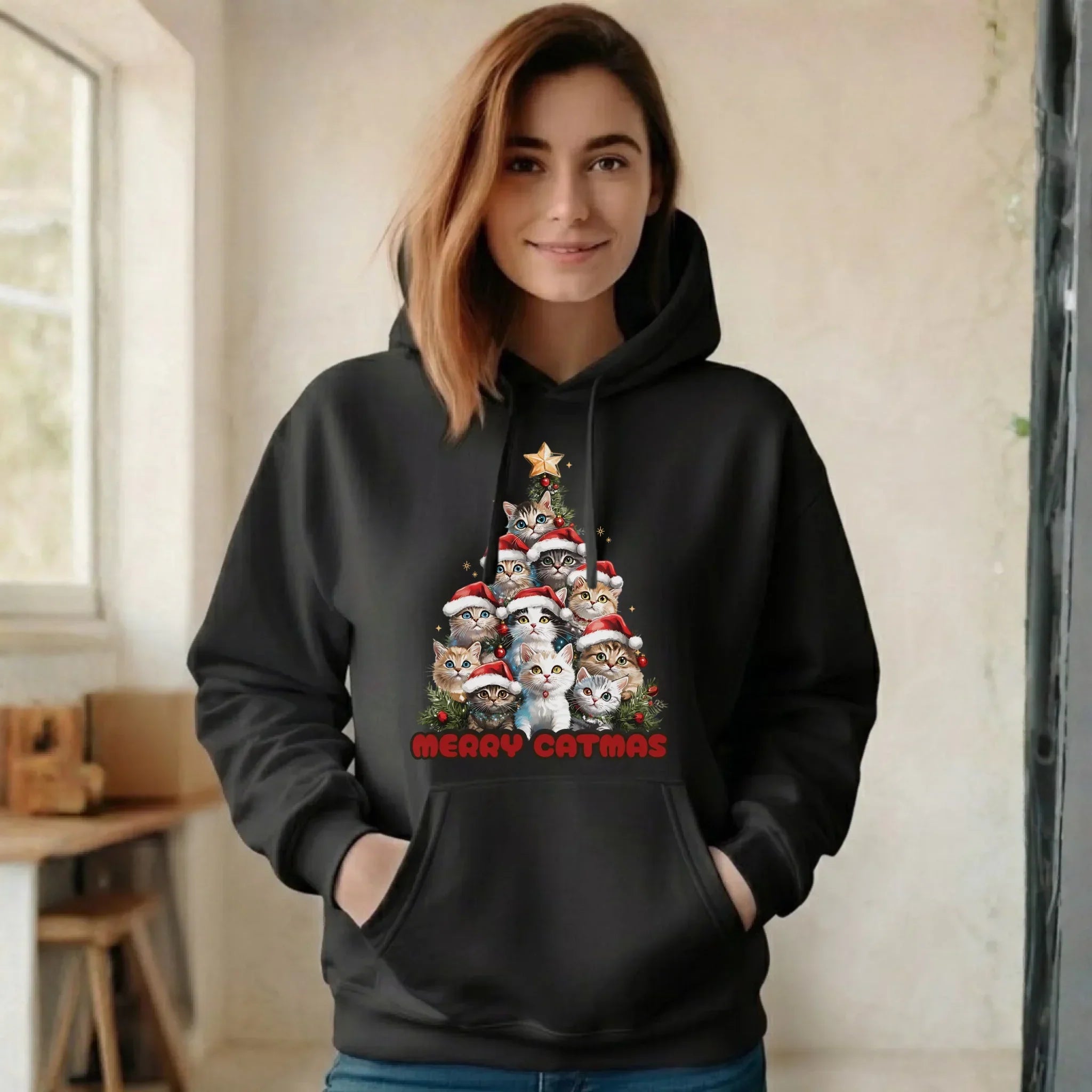 Bluza damska z kapturem świąteczna - Kocia choinka Merry Catmas BN20 - StoryCups.pl