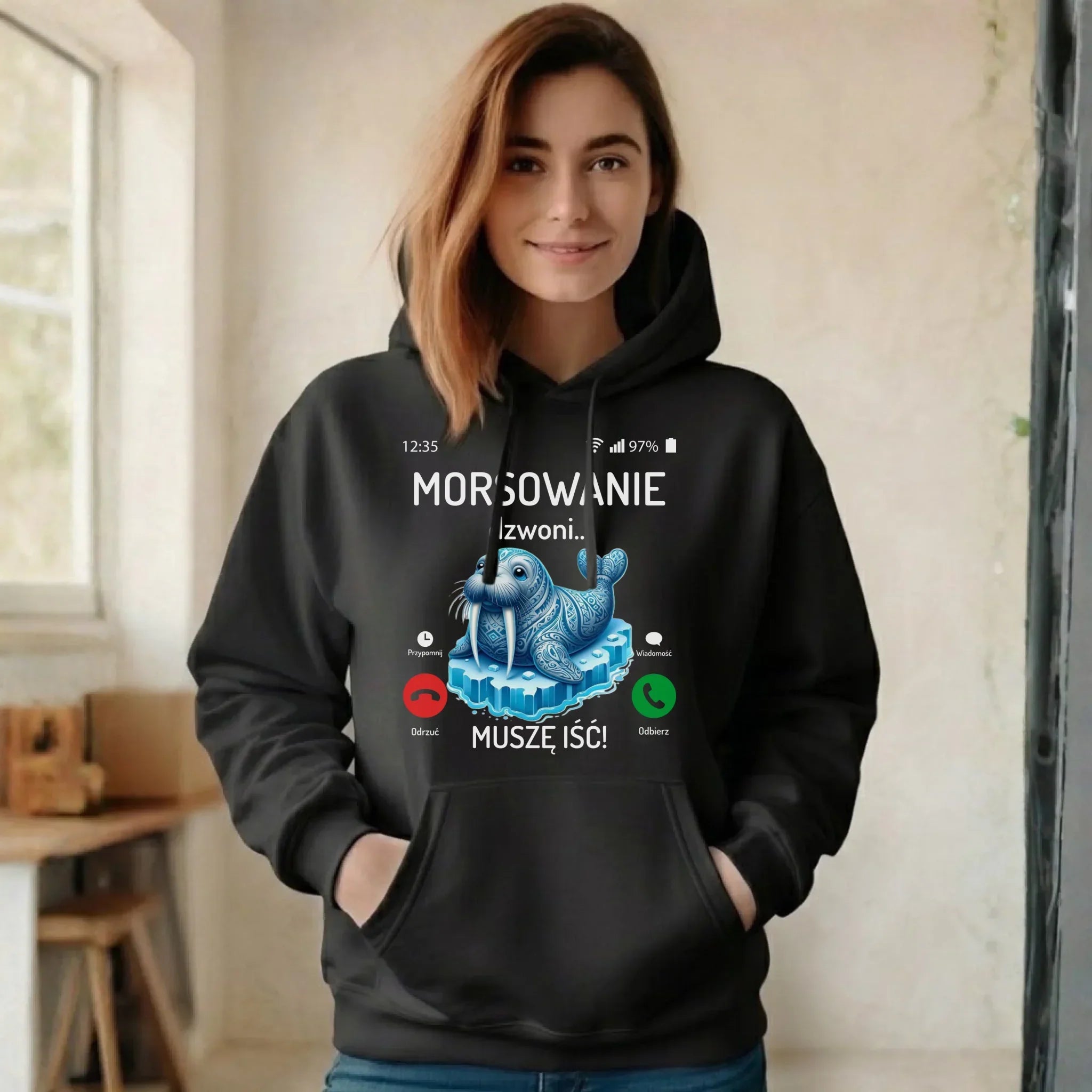 Bluza damska z kapturem - prezent dla morsa - Morsowanie dzwoni muszę iść - Mors HM04 - StoryCups.pl