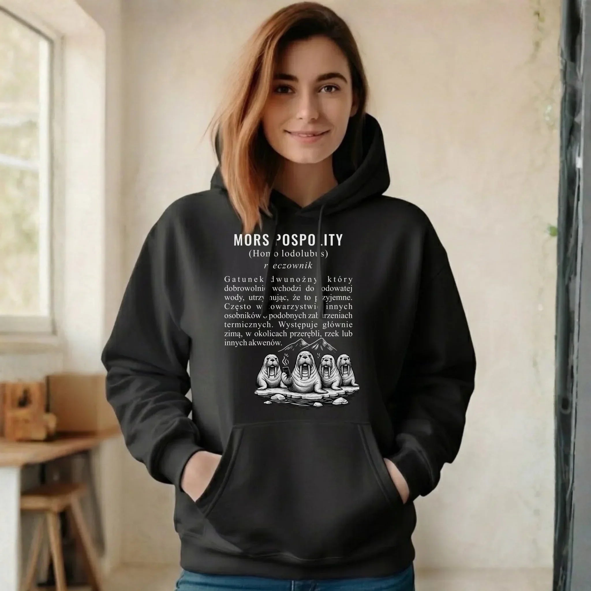 Bluza damska z kapturem - prezent dla morsa - Mors pospolity [Homo lodolubus] HM12 - StoryCups.pl