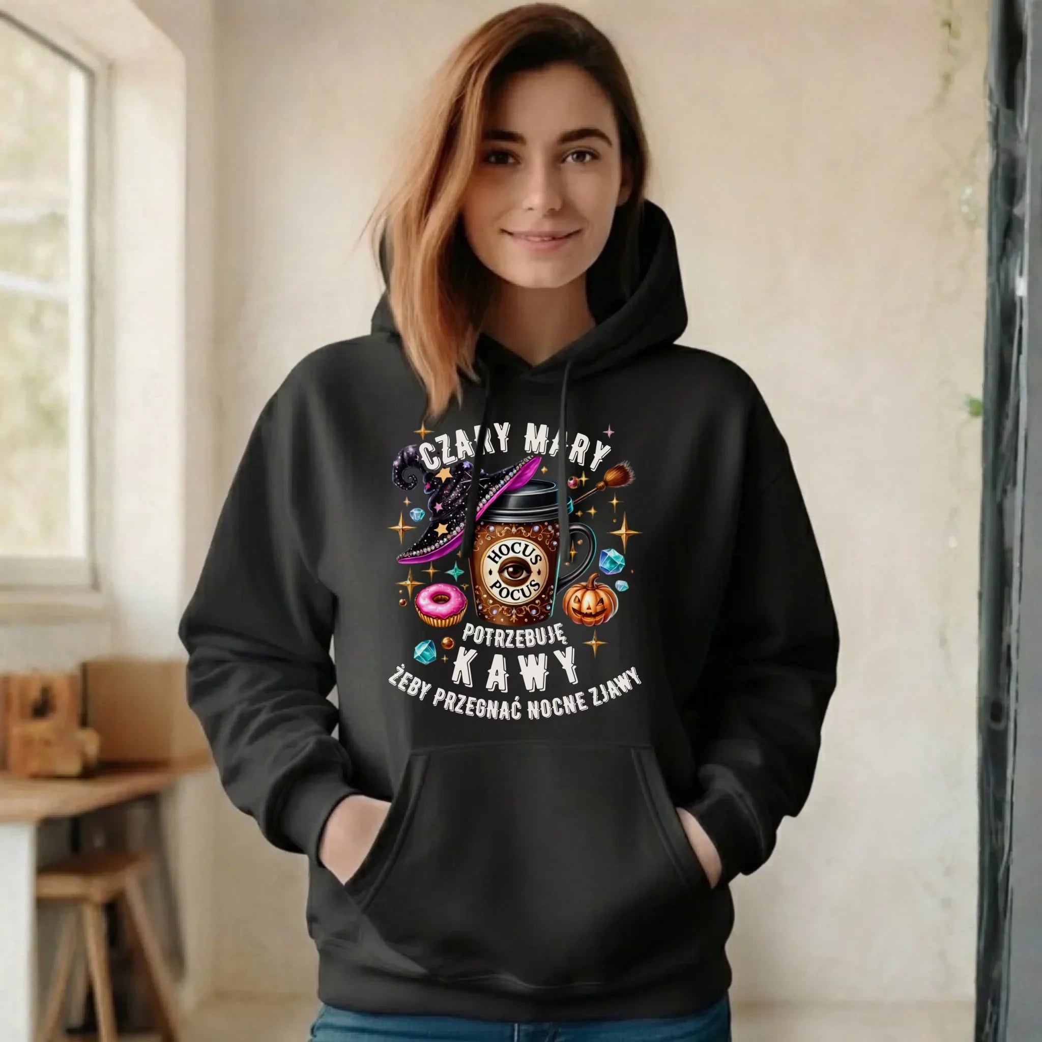Bluza damska z kapturem na Halloween - Potrzebuję kawy HL03 - StoryCups.pl