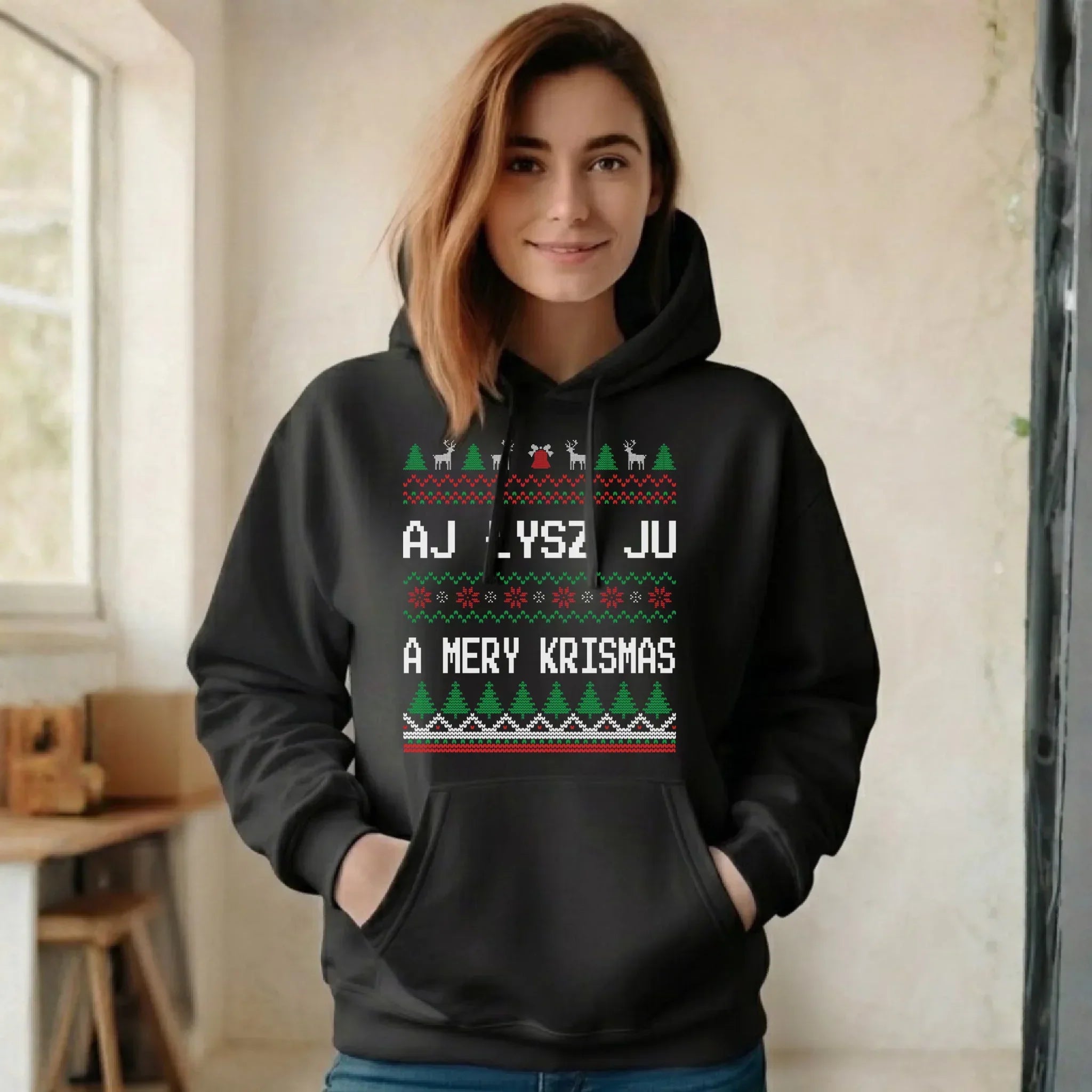 Bluza damska z kapturem świąteczna - Aj łysz ju a mery krismas BN12 - StoryCups.pl