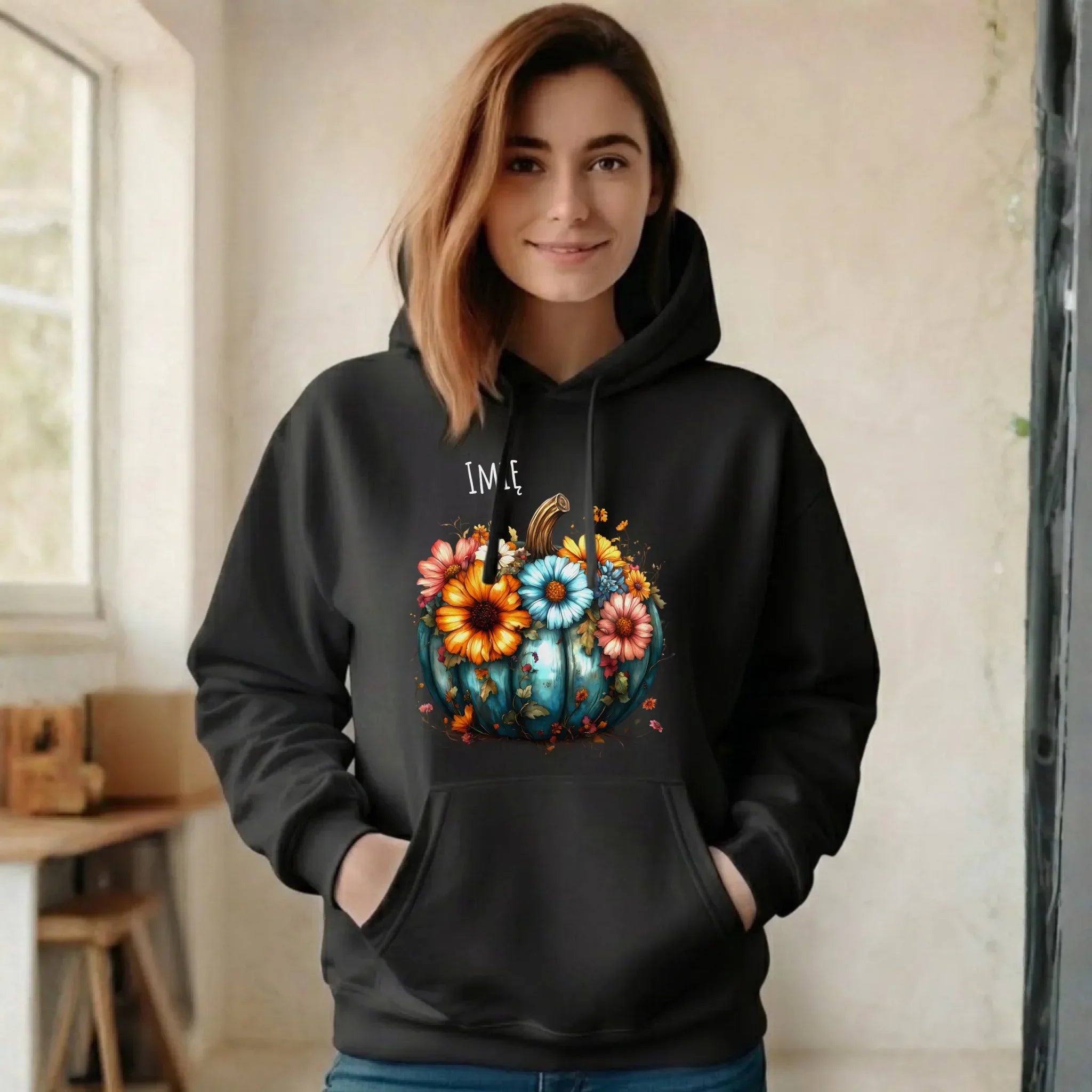 Bluza damska z kapturem jesienna - Kwiatowa dynia - personalizowana JS27 - StoryCups.pl