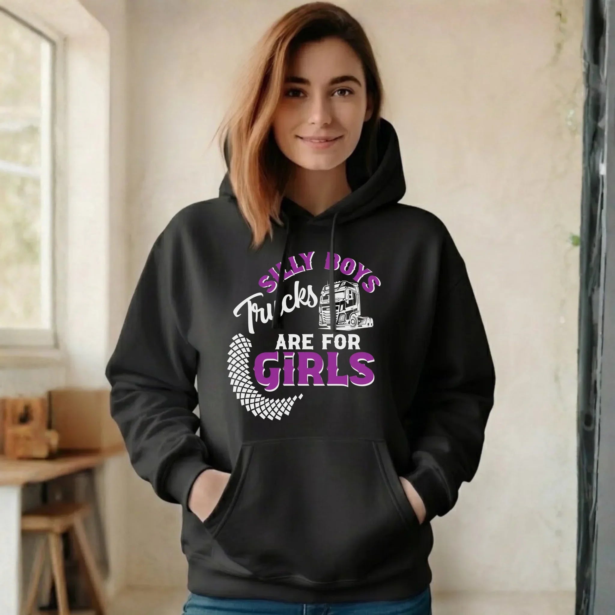 Bluza damska z kapturem - kierowca ciężarówki - Silly boys trucks are for girls ZKT11 - StoryCups.pl