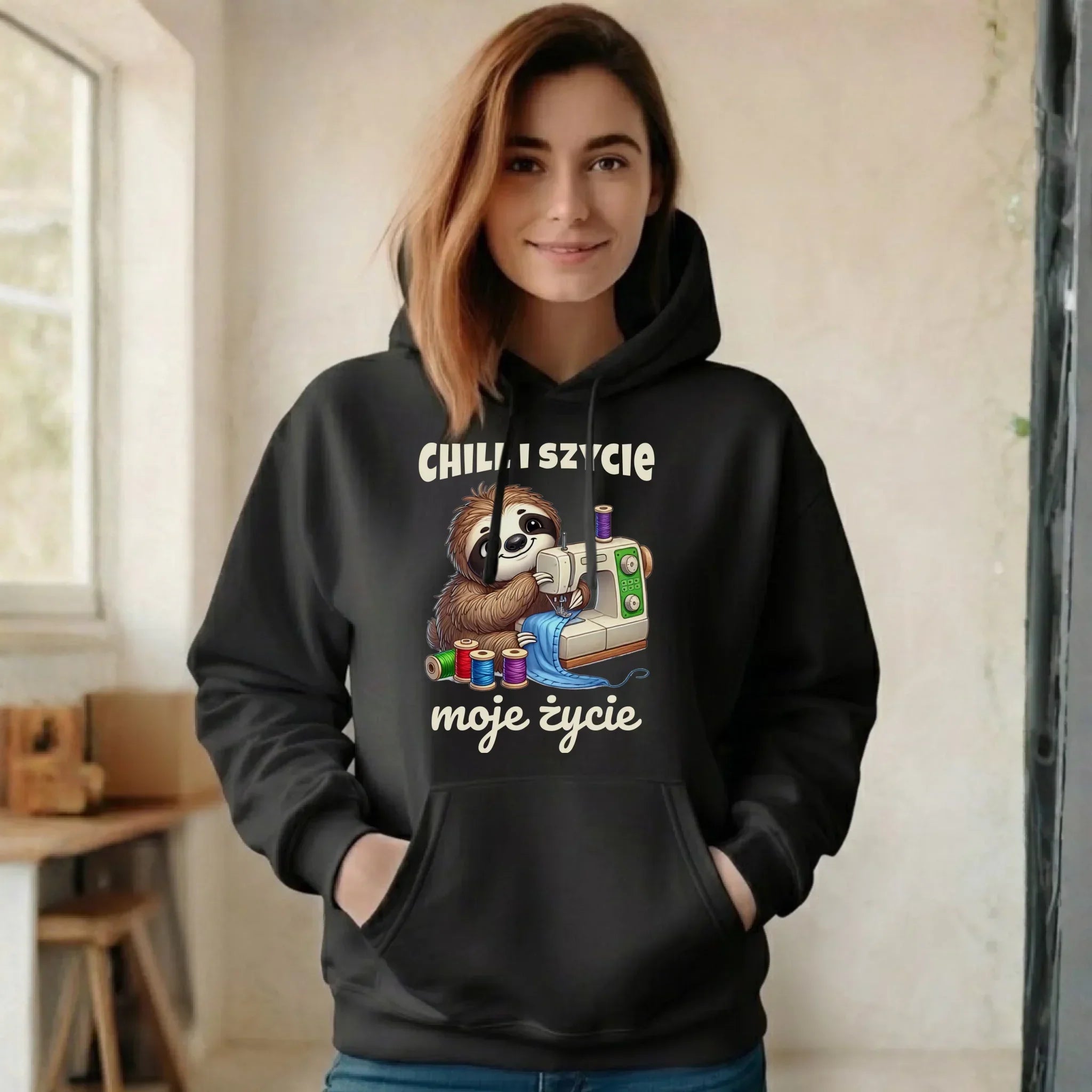 Bluza damska z kapturem szyciowa dla krawcowej - Chill i szycie moje życie HS17 - StoryCups.pl