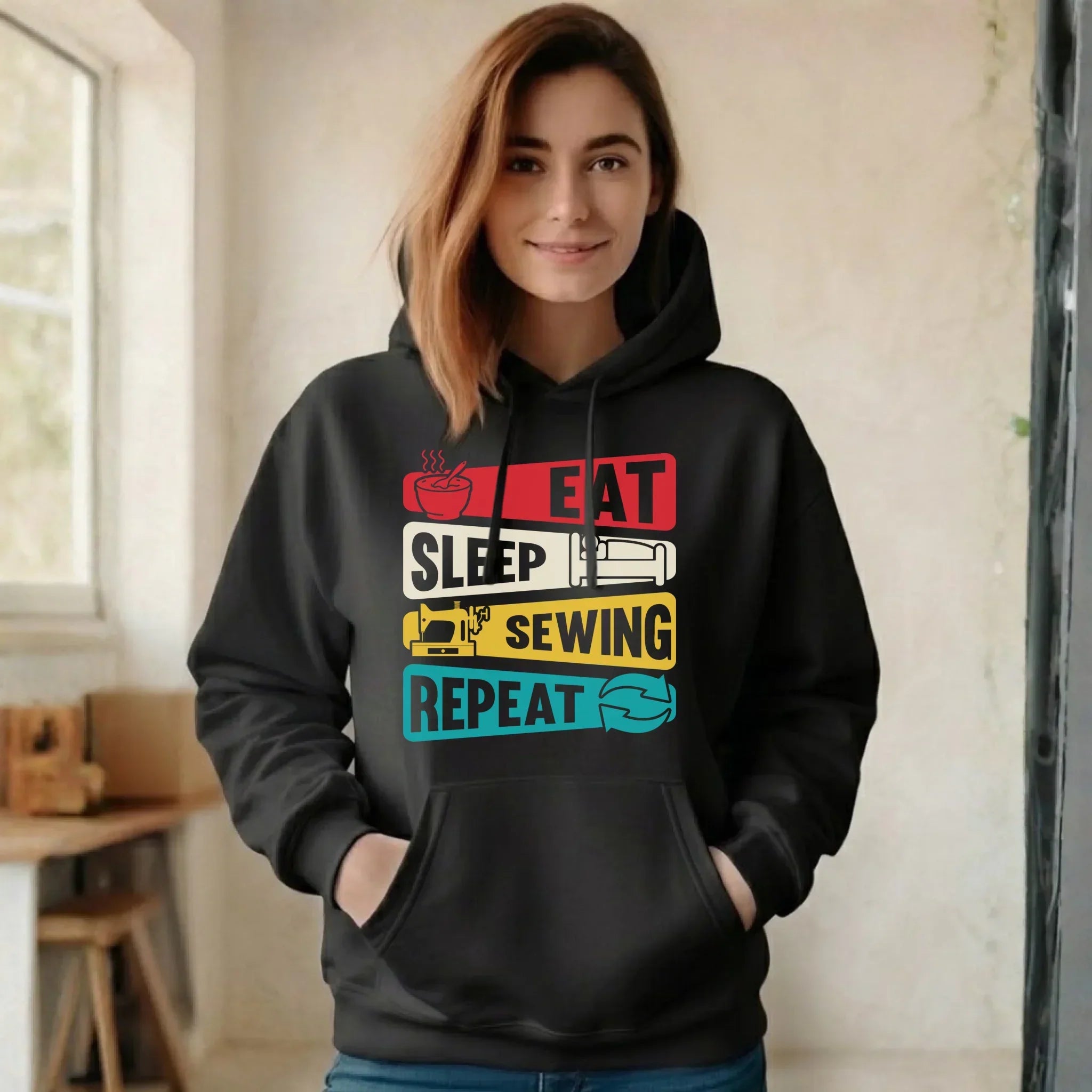 Bluza damska z kapturem szyciowa dla krawcowej - Eat sleep sewing repeat HS21 - StoryCups.pl